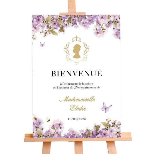 Affiche bienvenue personnalisée avec fleurs BRIDGERTON violet