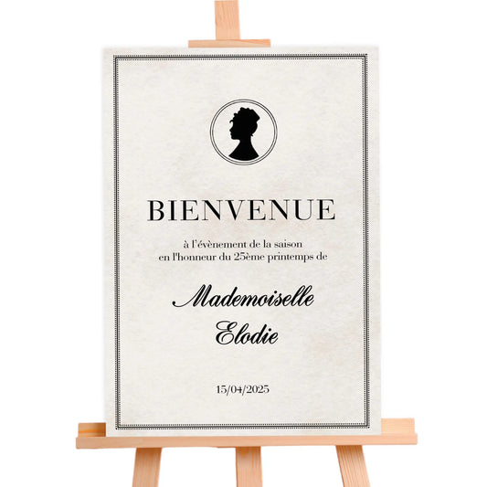 Affiche bienvenue personnalisée anniversaire Bridgerton Lady Whistledown sur chevalet, décoration élégante pour anniversaire femme style chic et raffiné