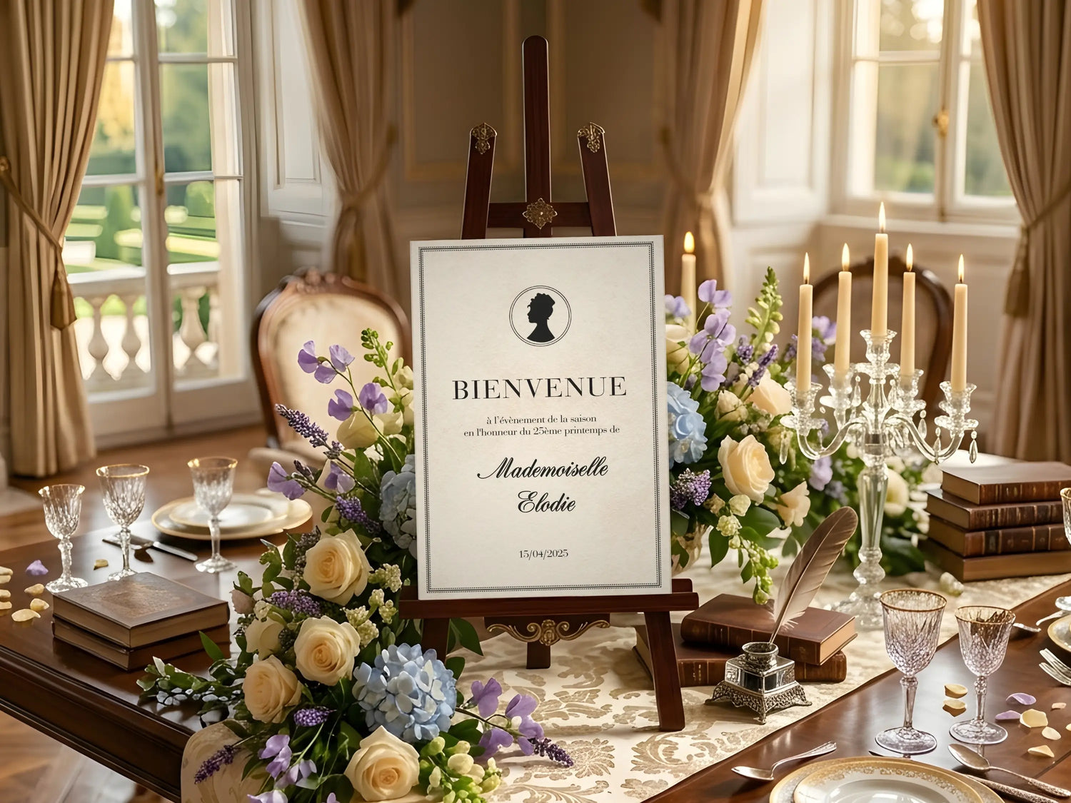 Affiche bienvenue personnalisée Bridgerton Lady Whistledown sur chevalet avec décoration anniversaire élégante style tea party, fleurs, bougies et table dressée chic