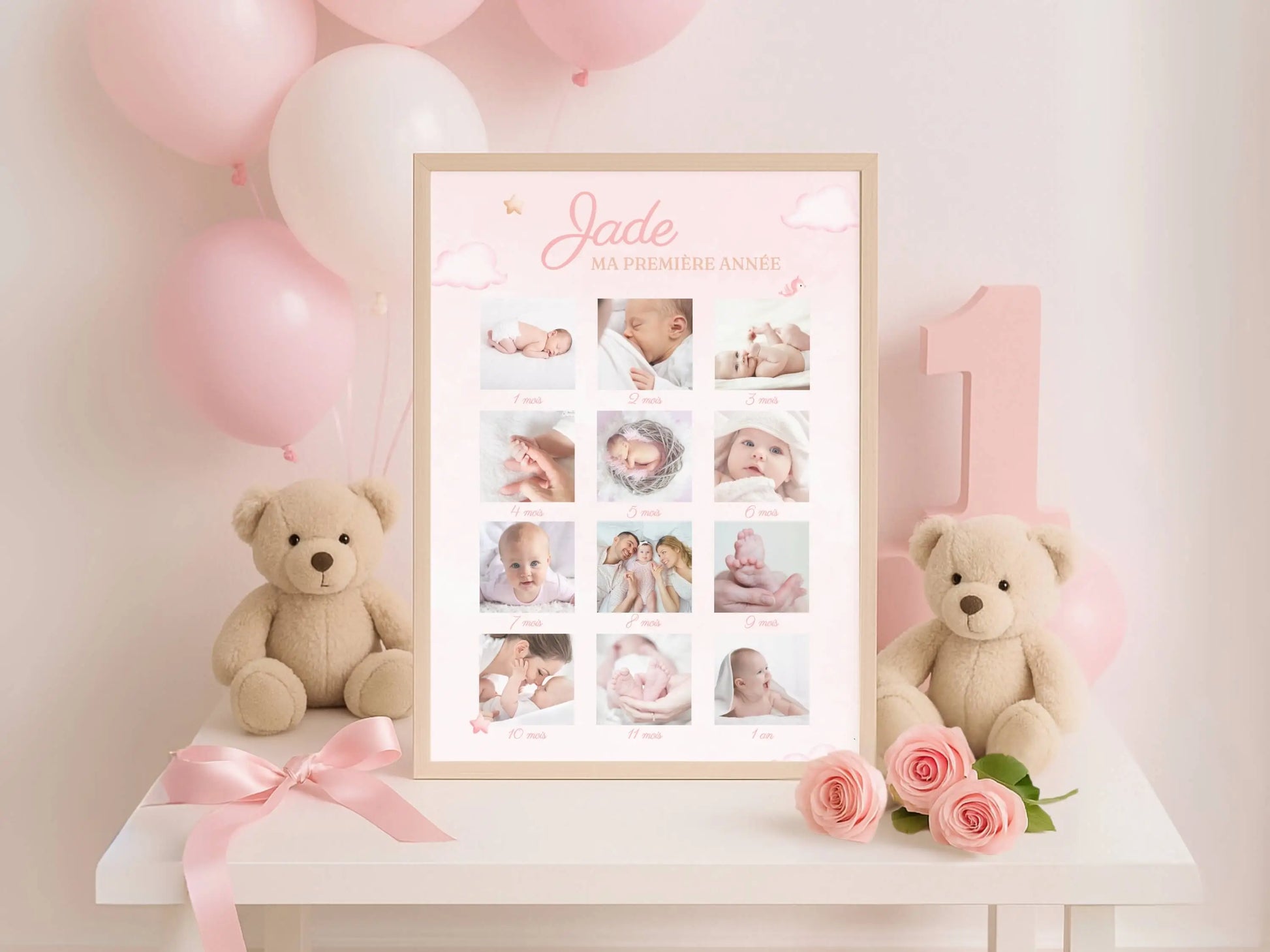 Affiche ma première année personnalisée OURSON ROSE anniversaire 1 an bébé fille