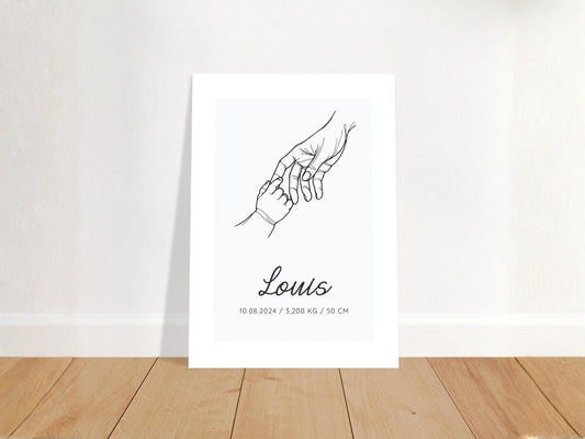 Affiche personnalisée naissance MAIN DANS LA MAIN lineart bébé décoration chambre bébé
