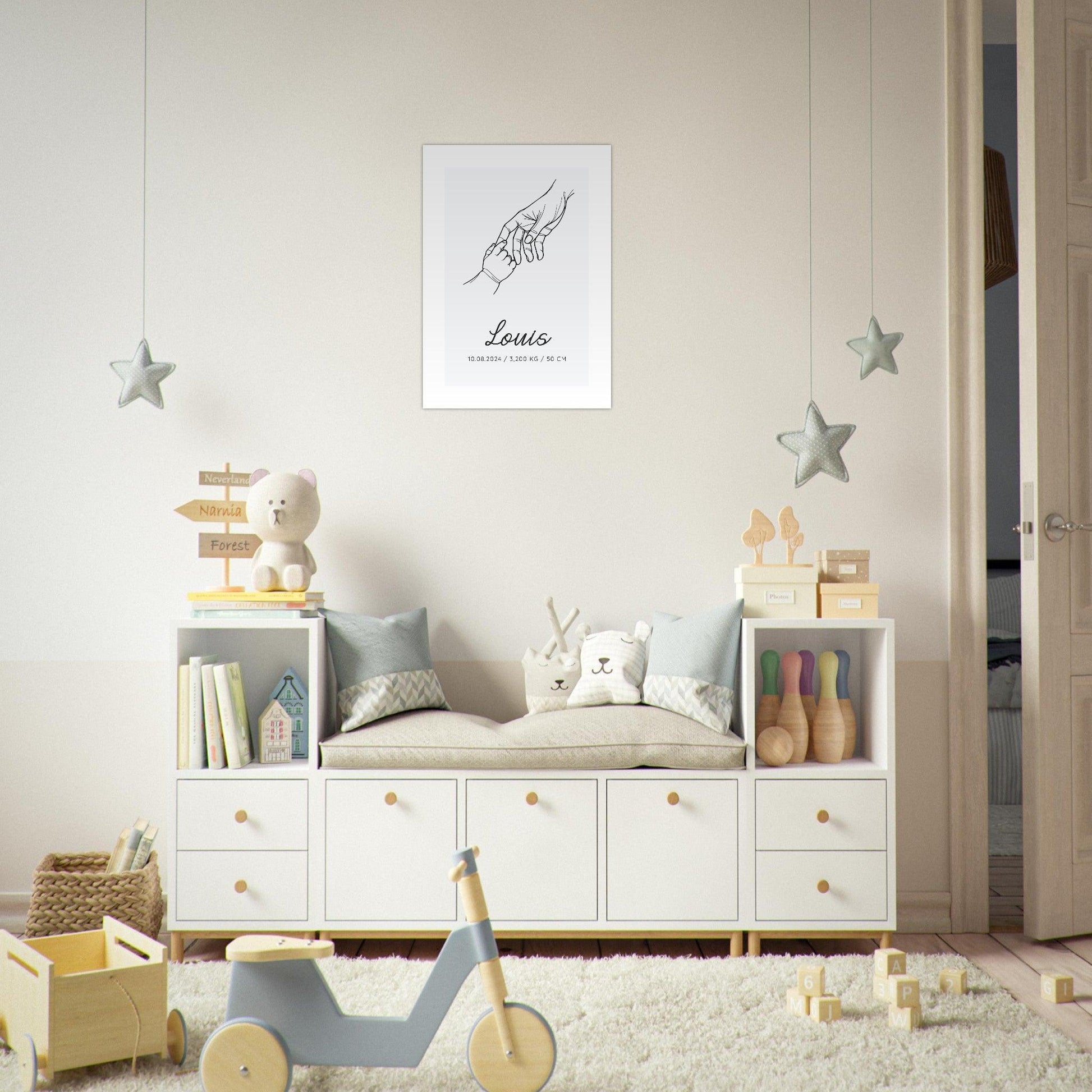 Affiche naissance MAIN DANS LA MAIN lineart décoration chambre bébé