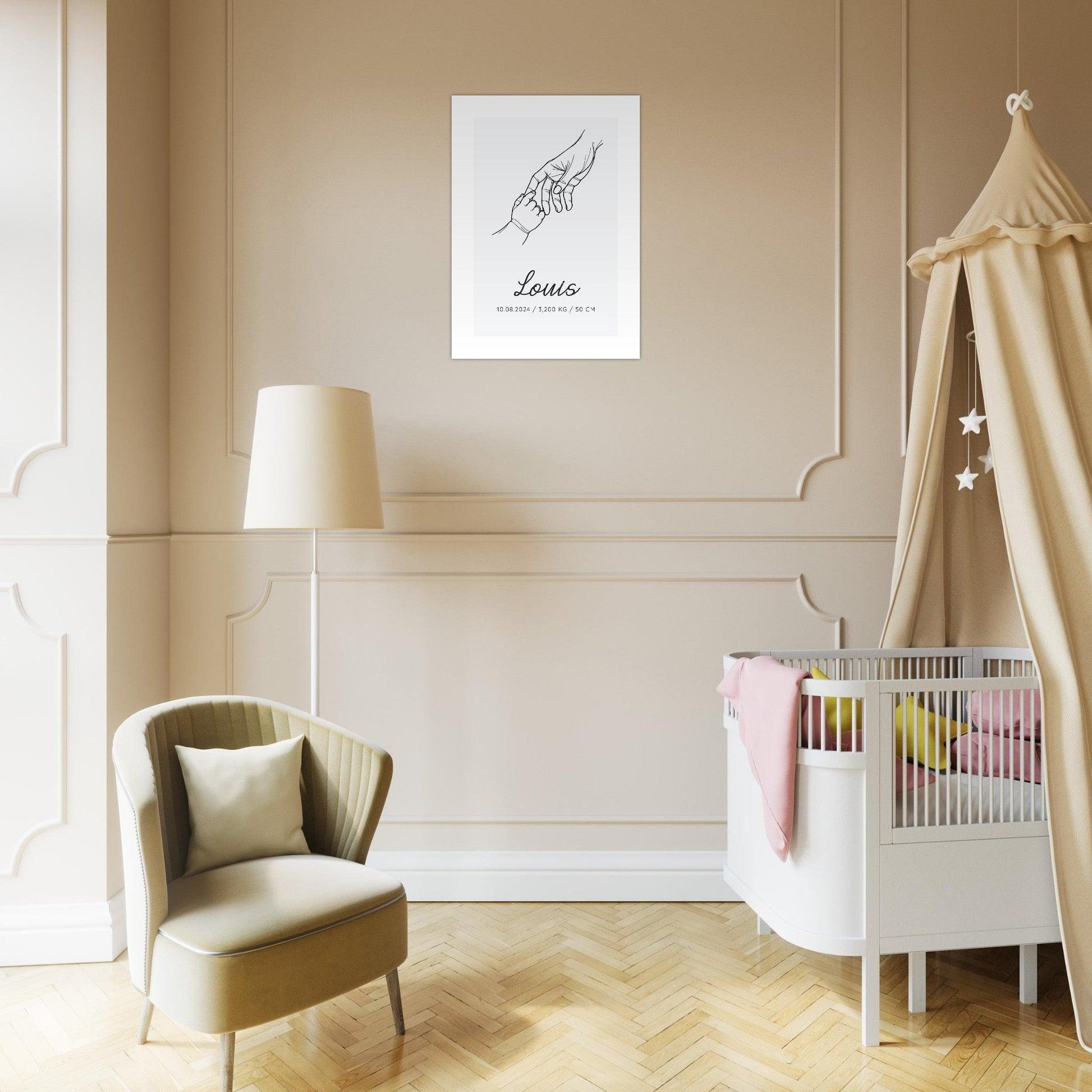 Affiche naissance MAIN DANS LA MAIN lineart décoration chambre bébé