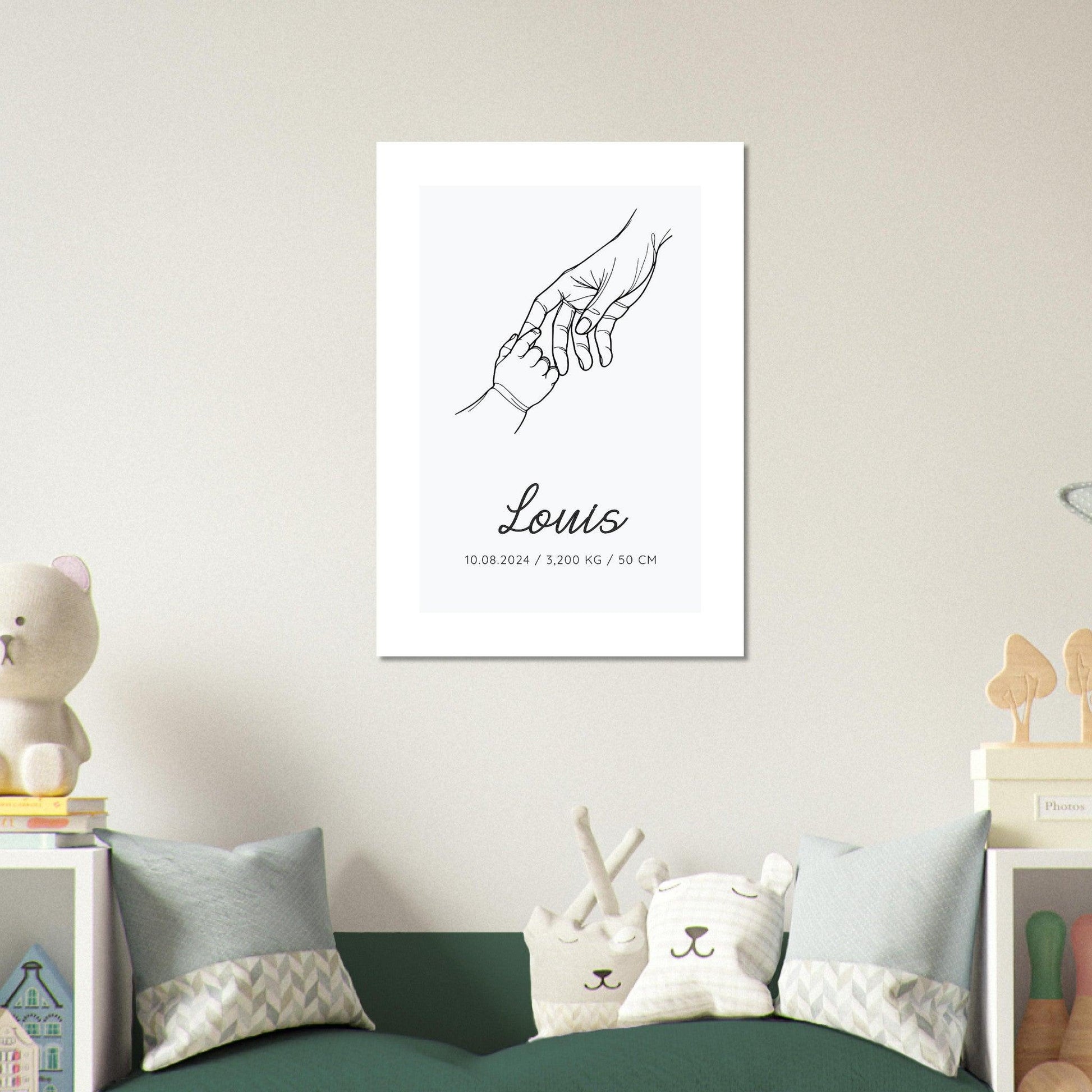 Affiche naissance MAIN DANS LA MAIN lineart décoration chambre bébé