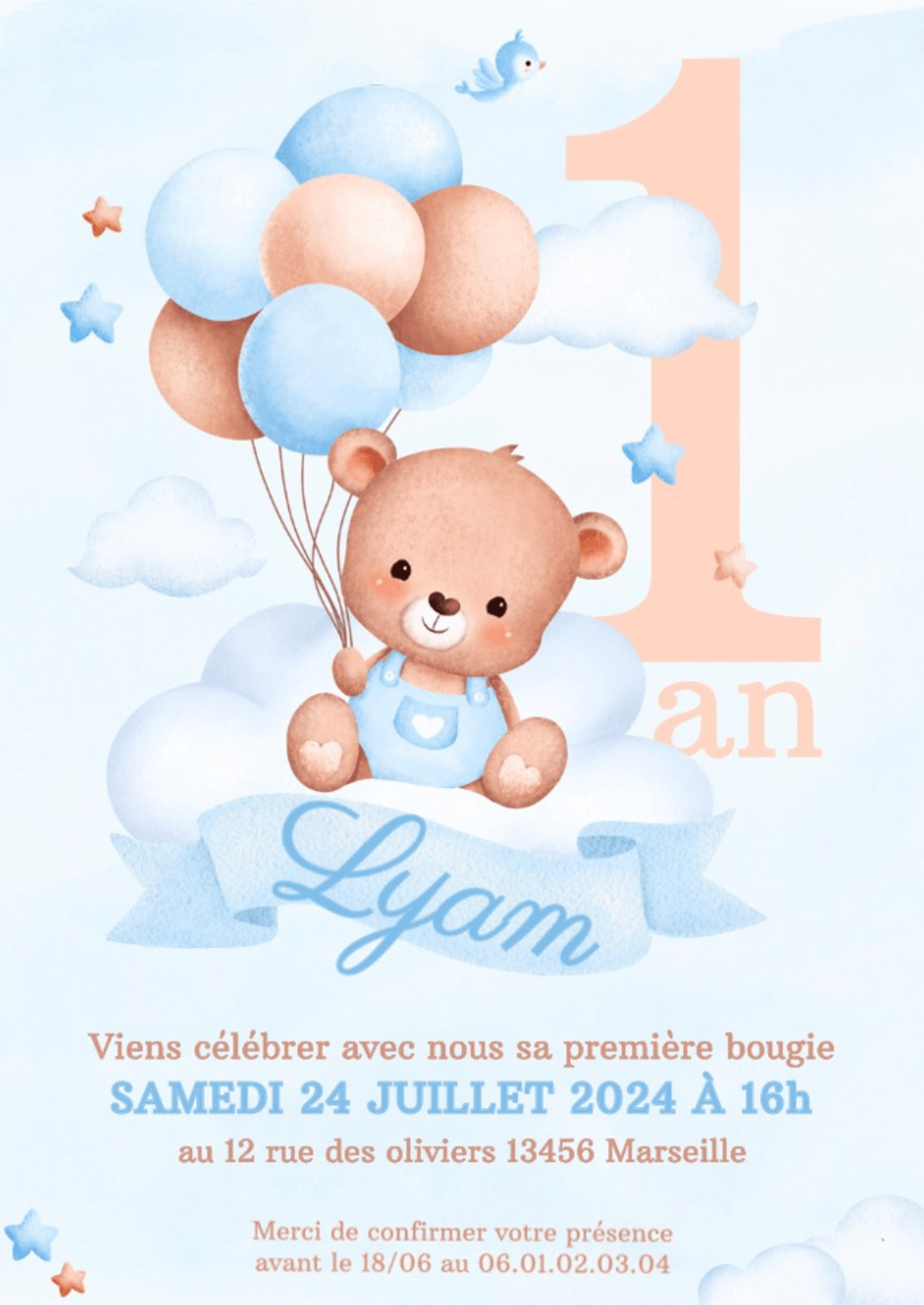 Invitations personnalisées OURSON BLEU - Papettelie