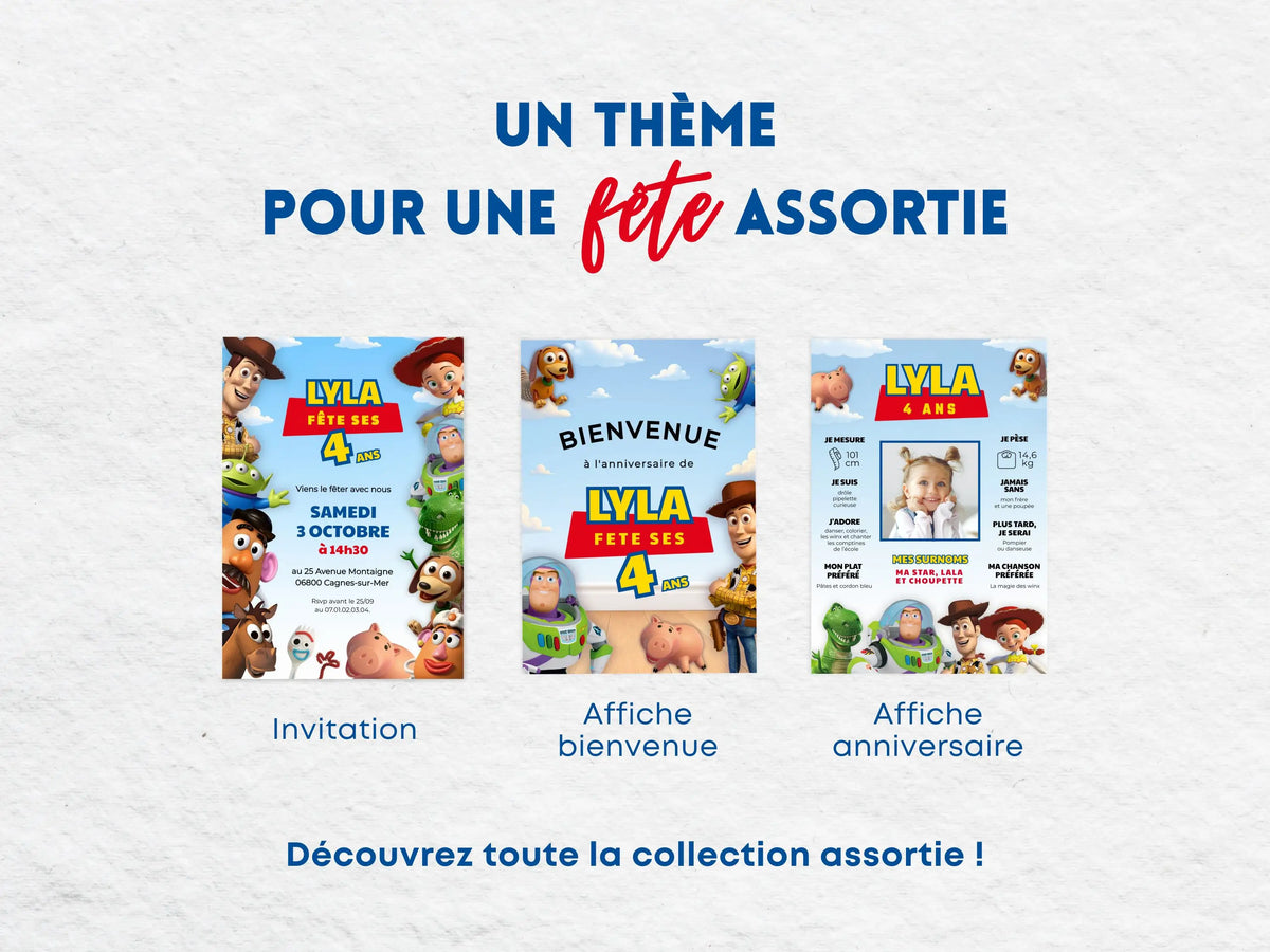 Collection papeterie Toy Story personnalisée comprenant une invitation anniversaire, une affiche de bienvenue et une affiche anniversaire pour fille, garçon ,enfant.