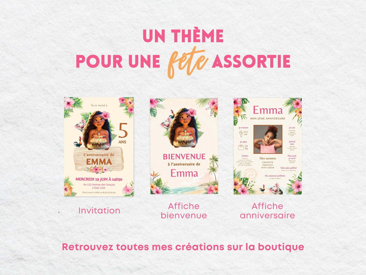 Collection Vaiana personnalisée comprenant une invitation anniversaire, une affiche de bienvenue et une affiche anniversaire pour fille, enfant.