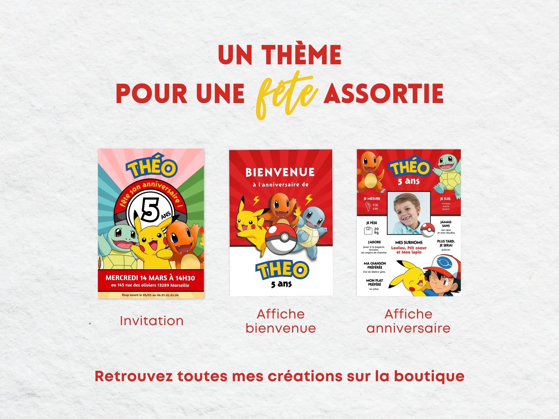 Collection Pokémon personnalisée avec Pikachu, Salamèche et Carapuce comprenant une invitation anniversaire, une affiche de bienvenue et une affiche anniversaire pour enfant.