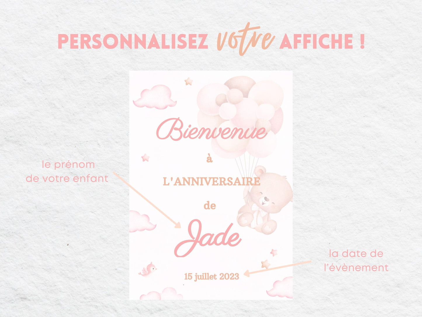 Affiche bienvenue personnalisée OURSON ROSE - Papettelie