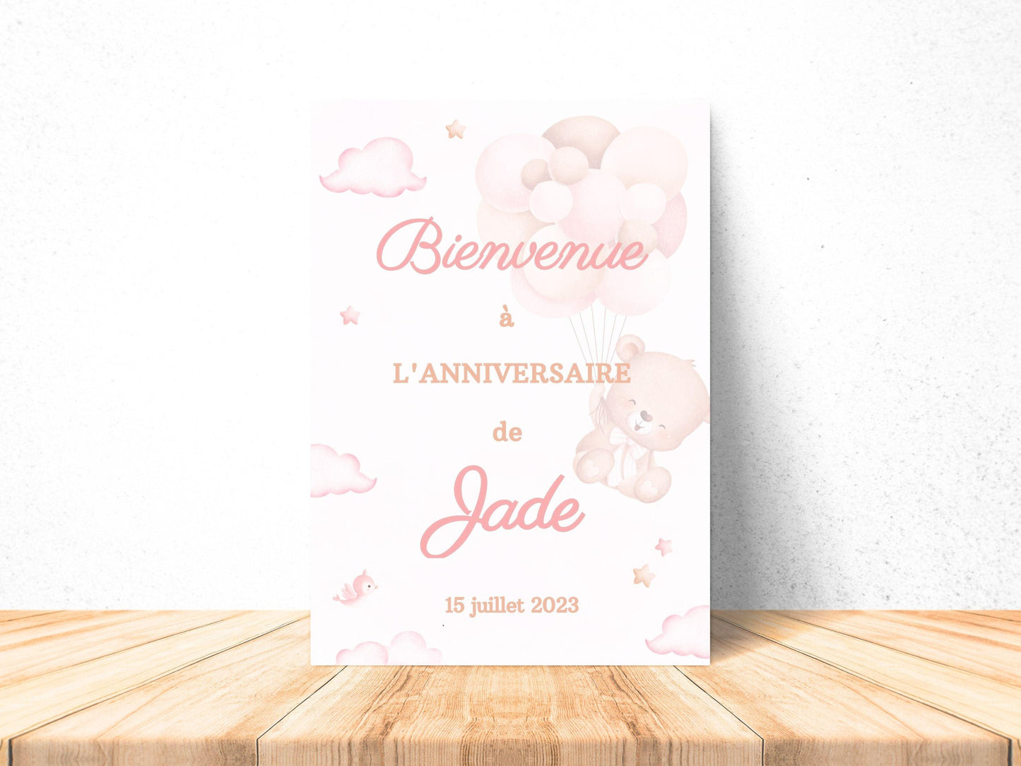 Affiche bienvenue personnalisée OURSON ROSE - Papettelie