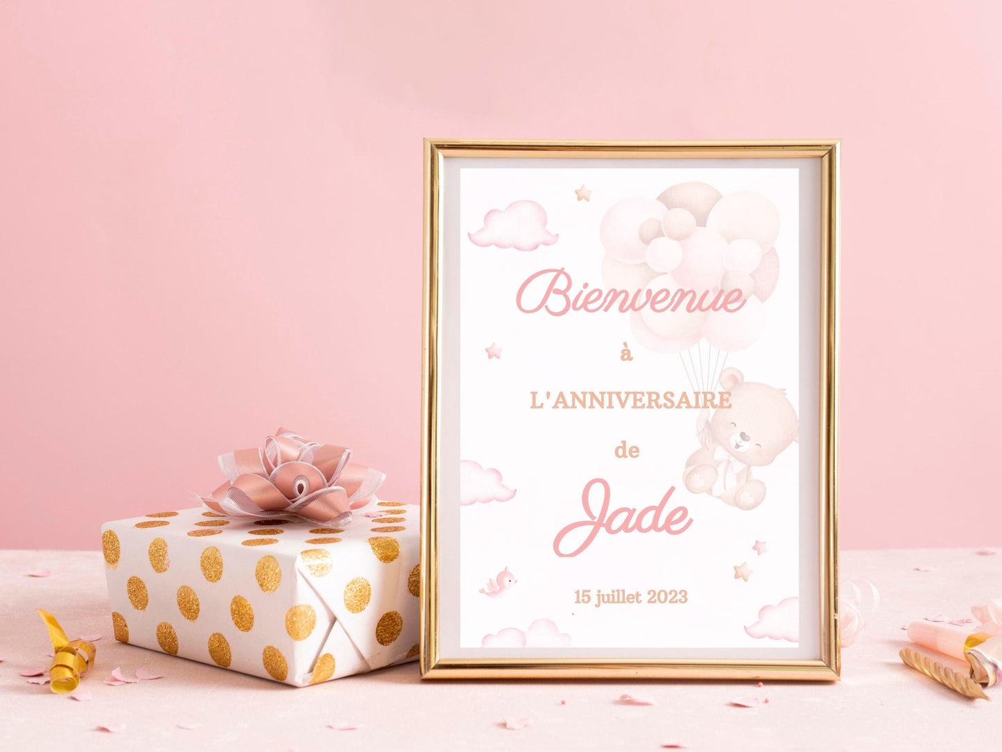 Affiche bienvenue personnalisée OURSON ROSE - Papettelie