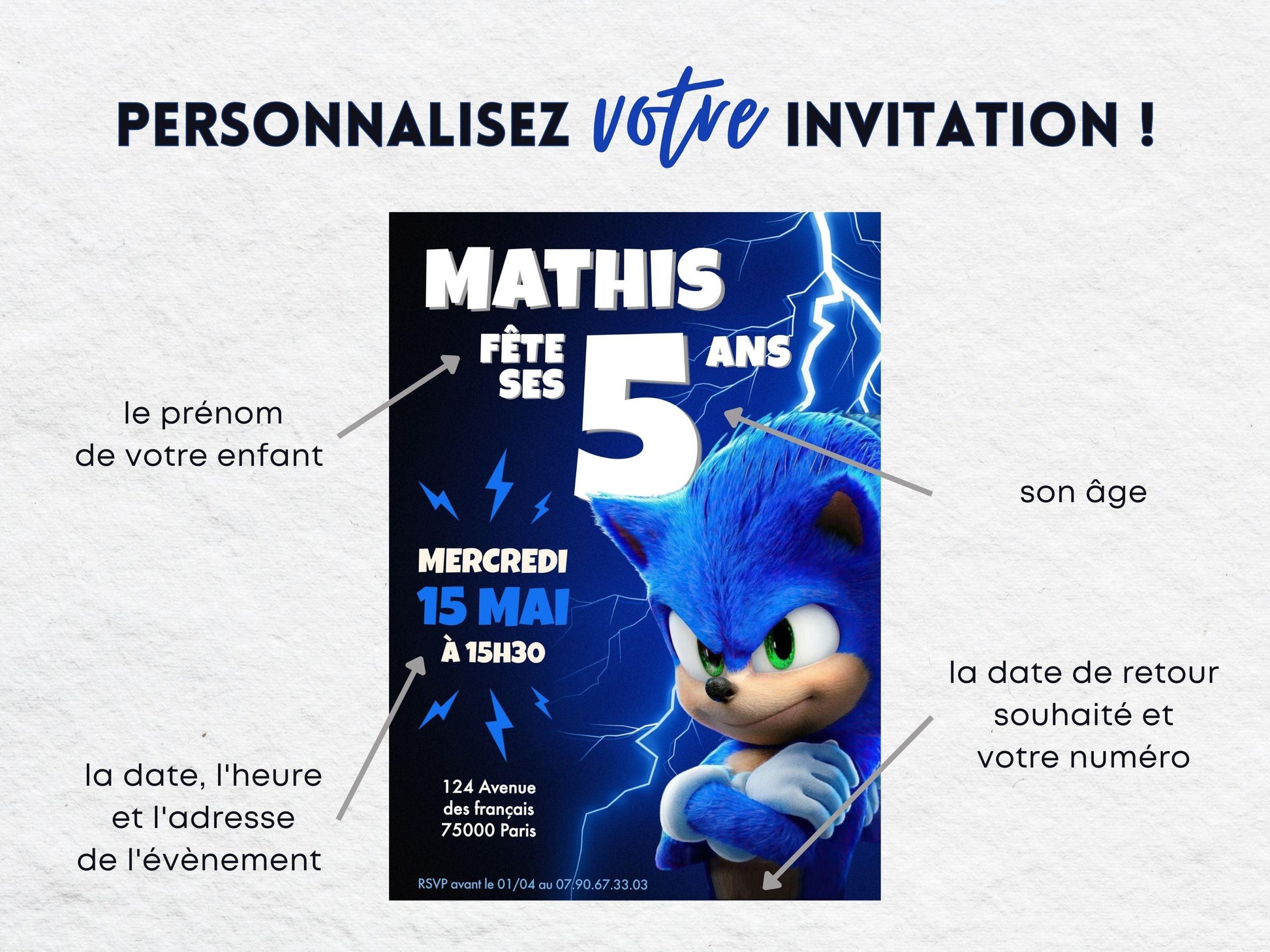 Invitations personnalisées SONIC - Papettelie