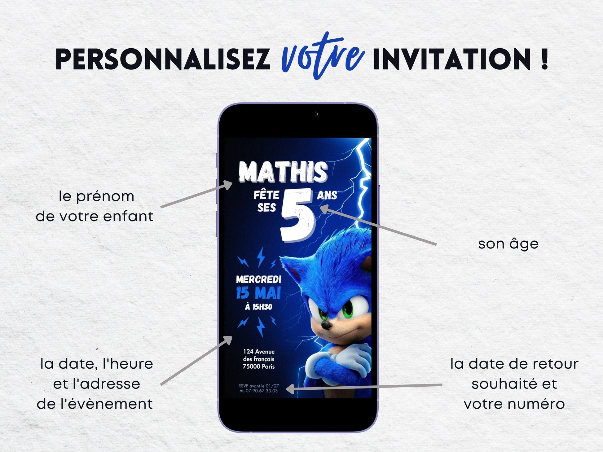 Invitation mobile personnalisée SONIC - Papettelie