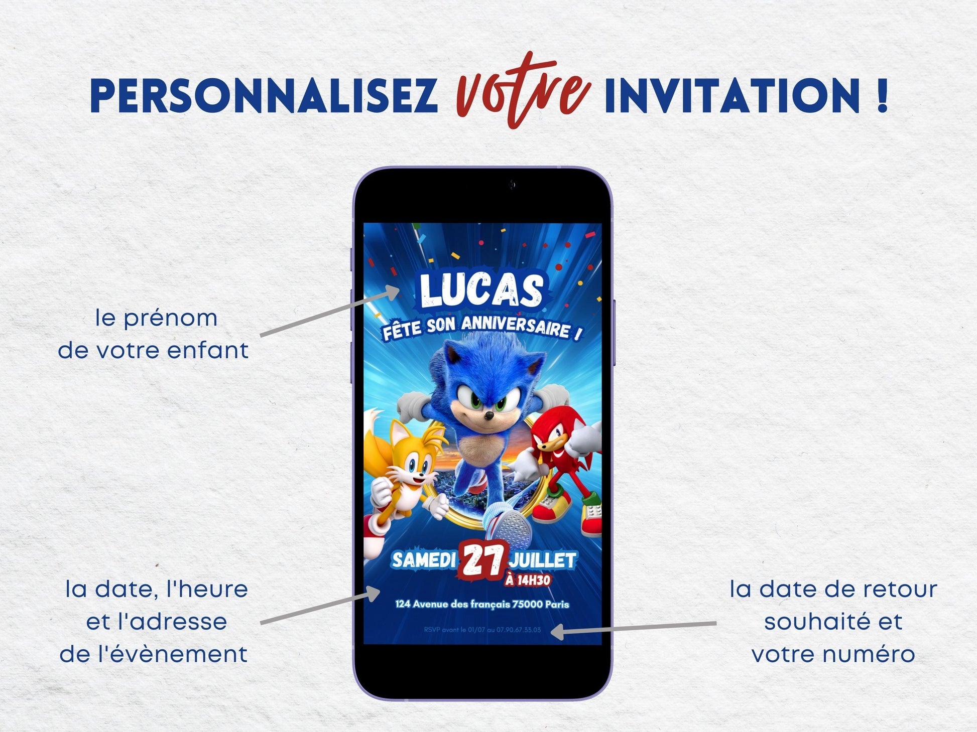 Invitation mobile personnalisée SONIC - Papettelie