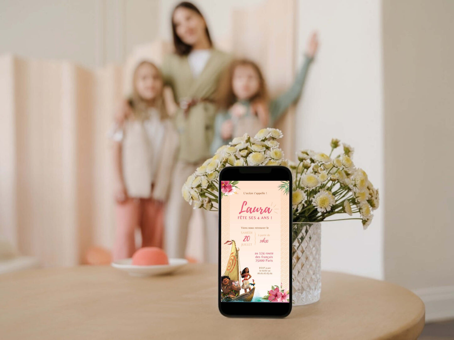 Invitation digitale personnalisée VAIANA anniversaire fille 4 ans