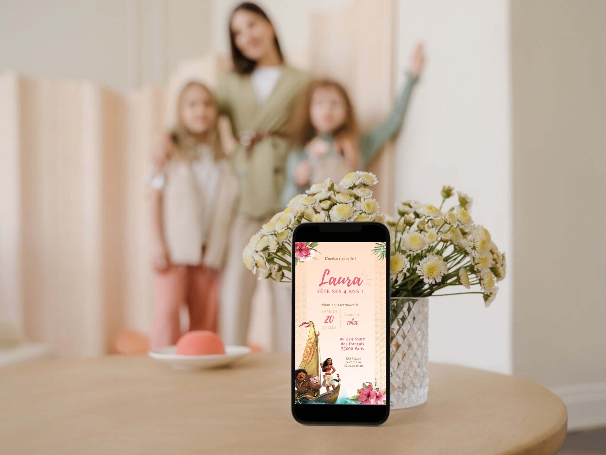 Invitation digitale personnalisée VAIANA anniversaire fille 4 ans