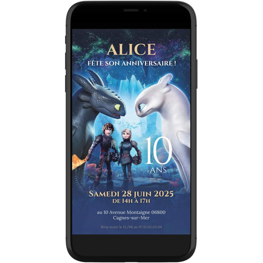 Invitation anniversaire mobile DRAGON Krokmou, Furie Éclair, Harold et Astrid