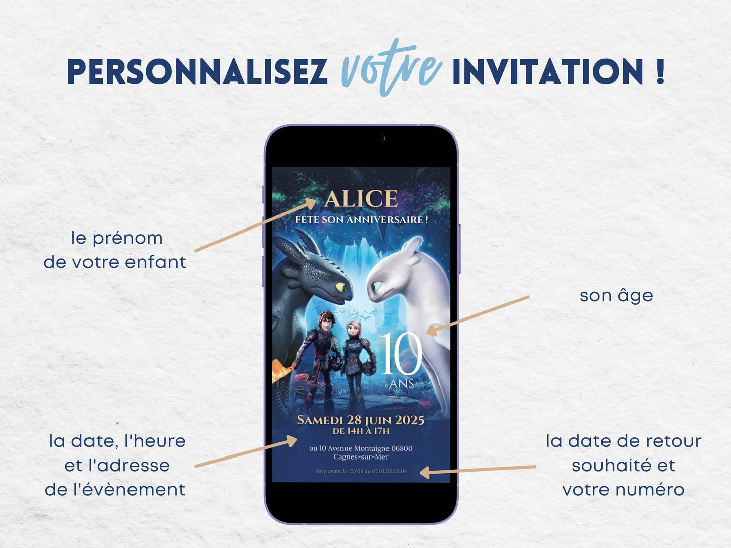 Invitation anniversaire mobile DRAGON Krokmou, Furie Éclair, Harold et Astrid