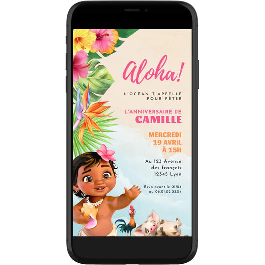 Invitation digitale anniversaire mobile personnalisée VAIANA MOANA