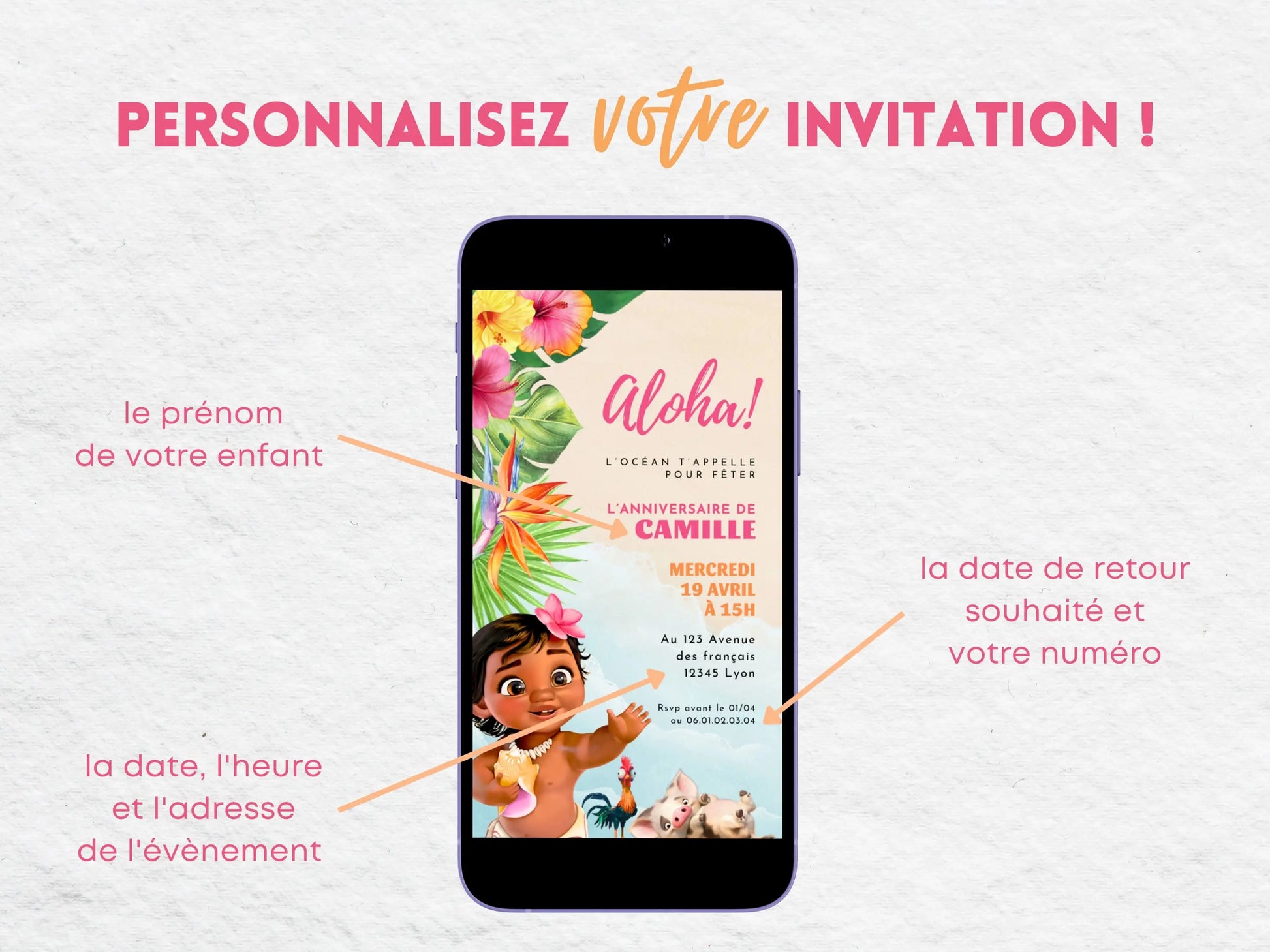 Invitation digitale anniversaire mobile personnalisée VAIANA MOANA