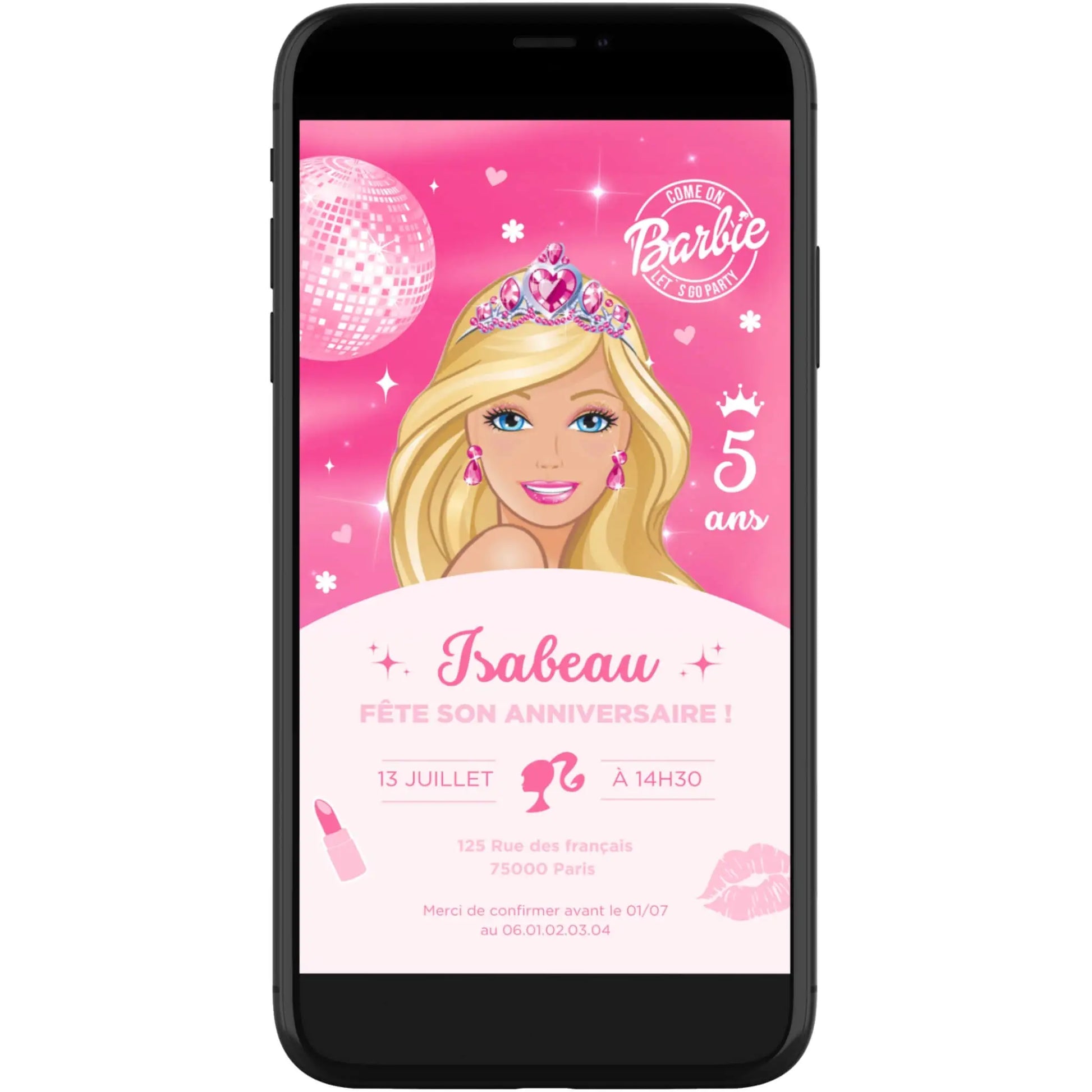 Invitation digitale pour mobile personnalisée BARBIE anniversaire fille 5 ans