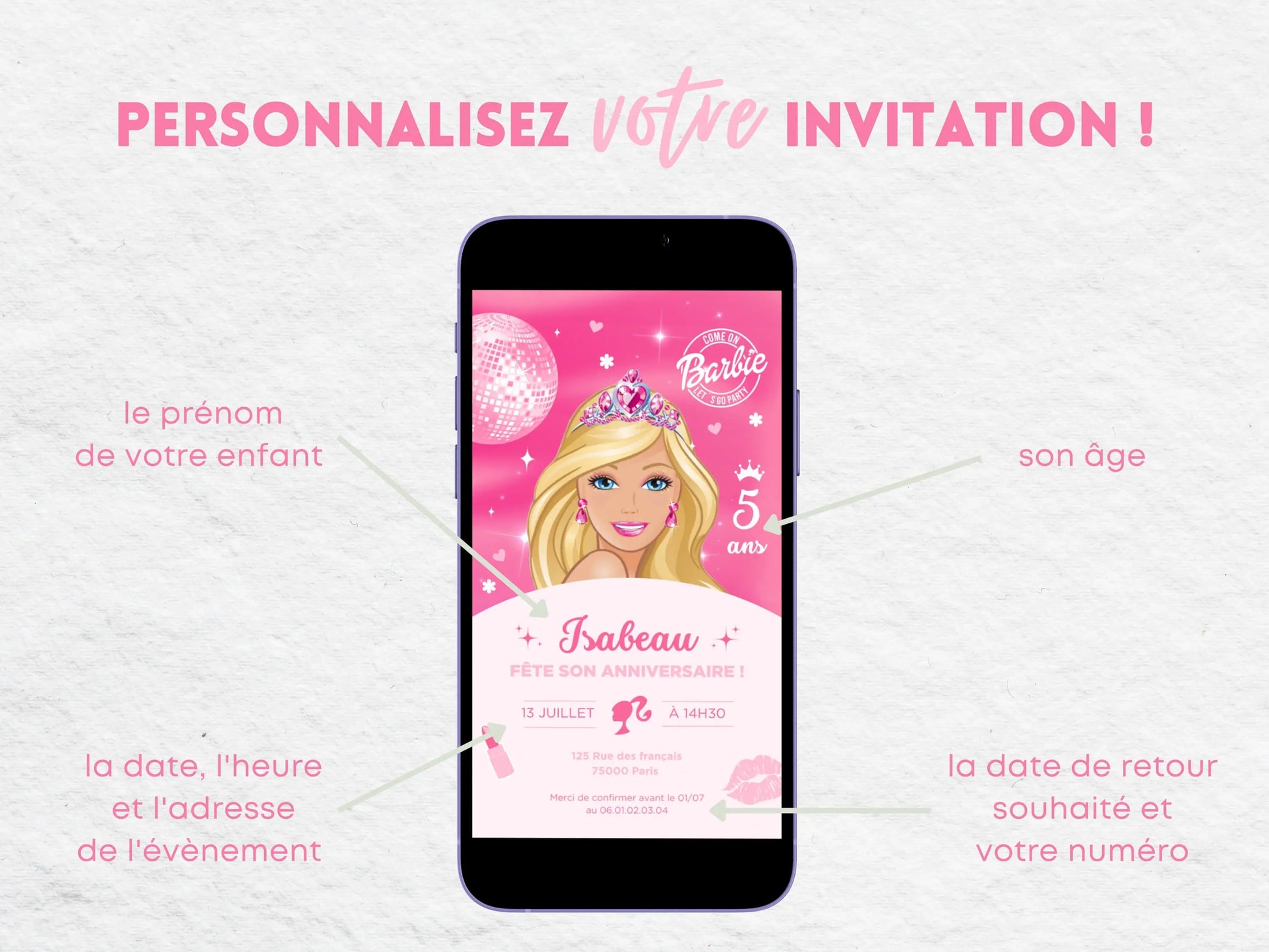 Invitation digitale pour mobile personnalisée BARBIE anniversaire fille 5 ans