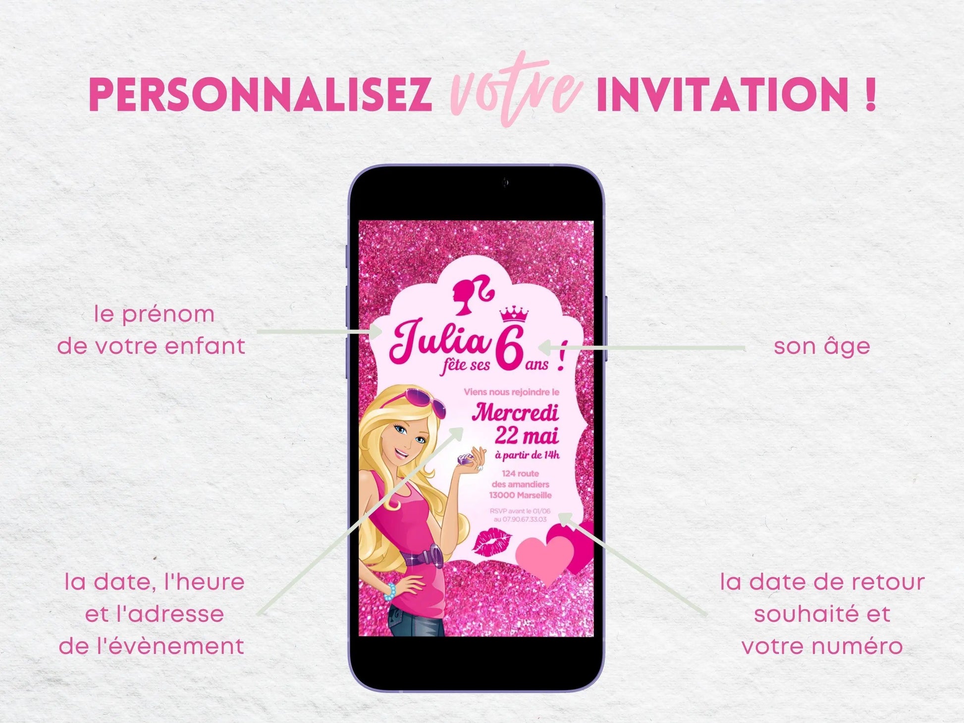 Invitation mobile anniversaire personnalisée BARBIE