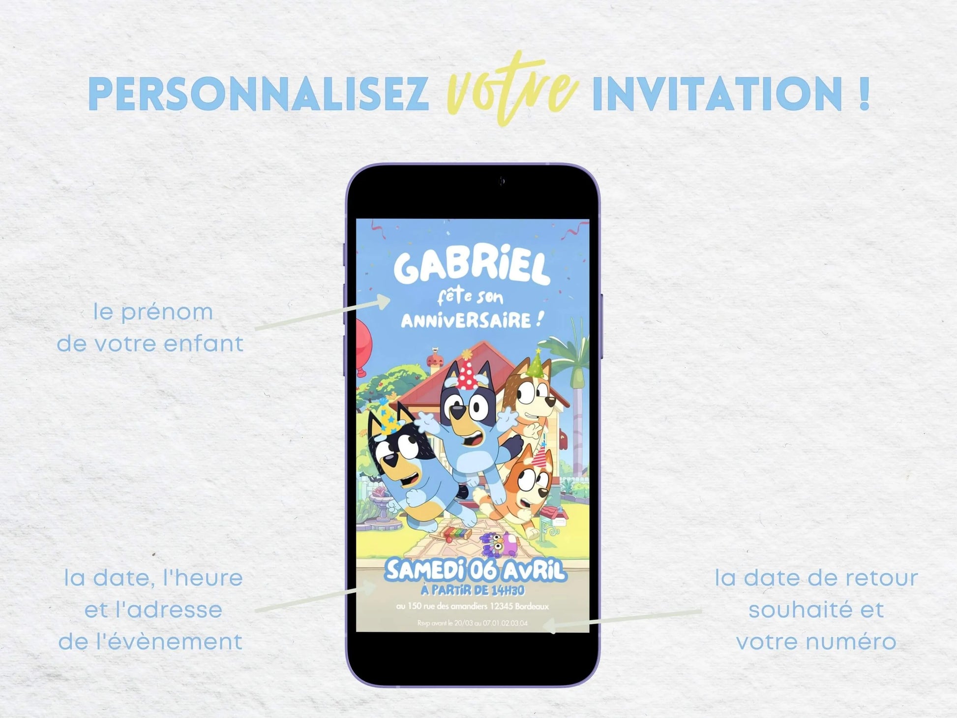 Invitation mobile anniversaire personnalisée BLUEY