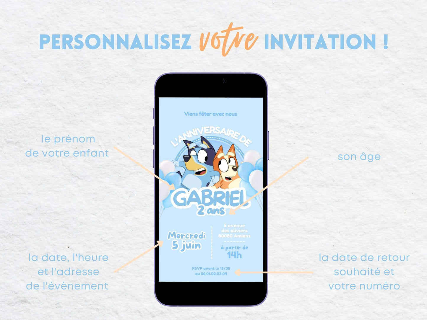 Invitation mobile anniversaire personnalisée BLUEY