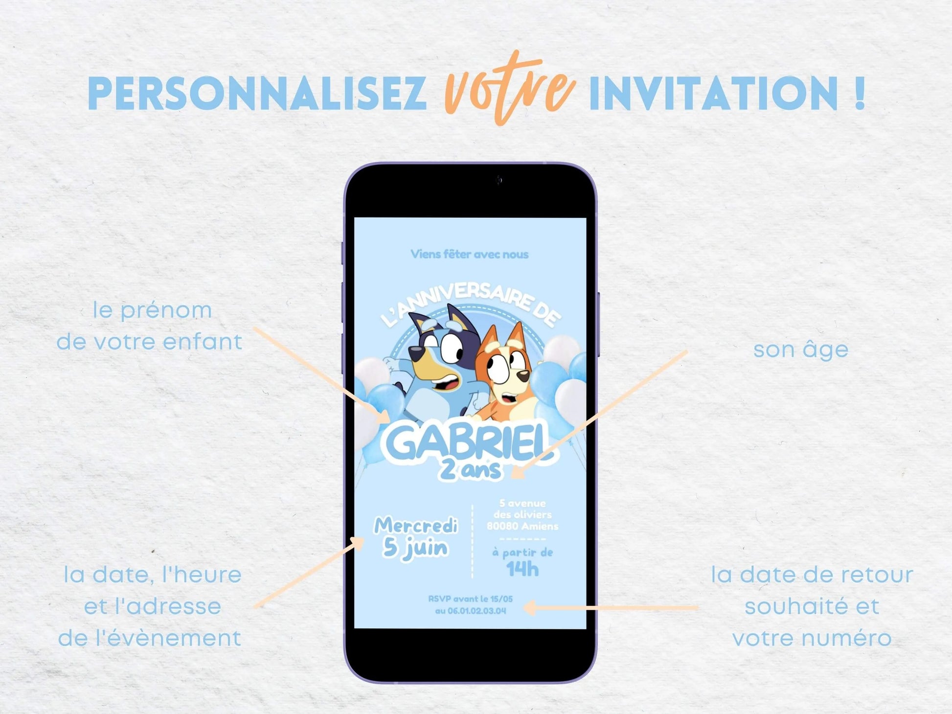 Invitation mobile anniversaire personnalisée BLUEY