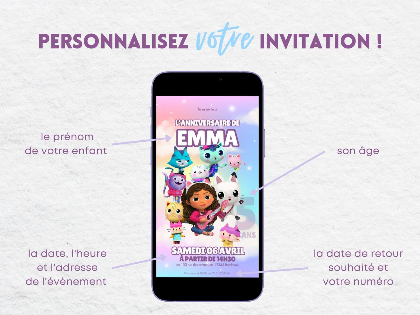 Invitation mobile anniversaire personnalisée GABBY ET LA MAISON MAGIQUE