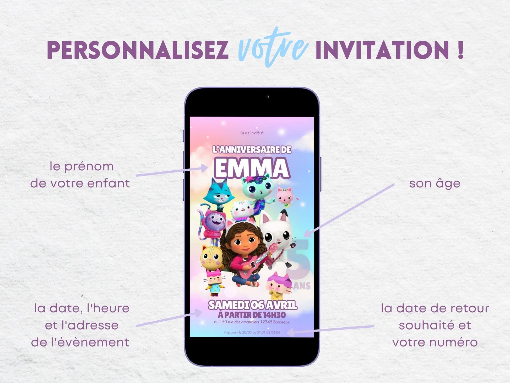Invitation mobile anniversaire personnalisée GABBY ET LA MAISON MAGIQUE