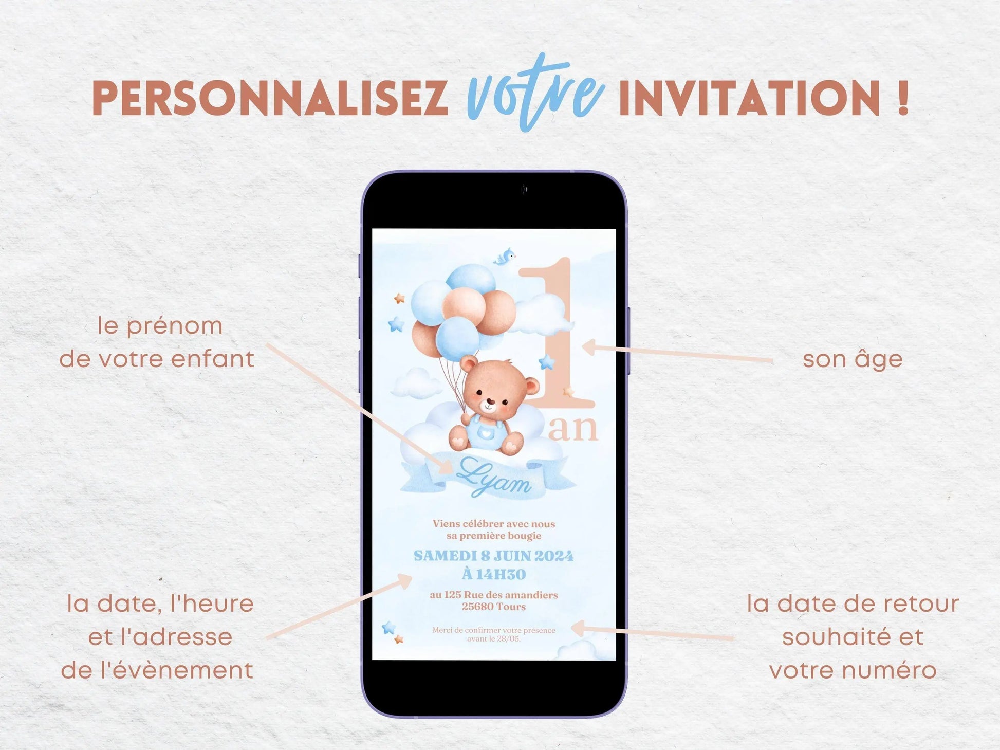 Invitation mobile anniversaire personnalisée OURSON BLEU