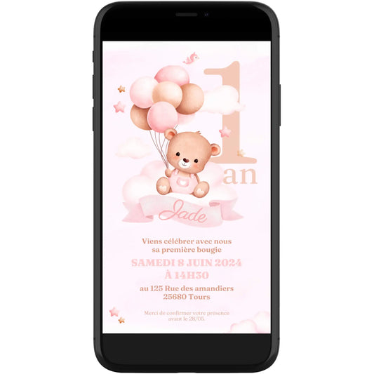 Invitation mobile anniversaire personnalisée OURSON ROSE