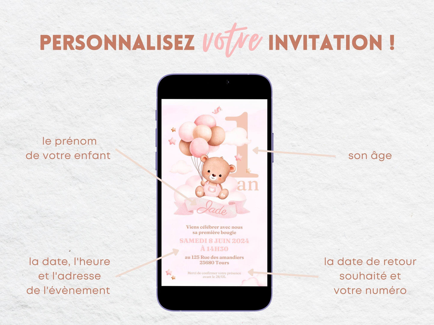 Invitation mobile anniversaire personnalisée OURSON ROSE