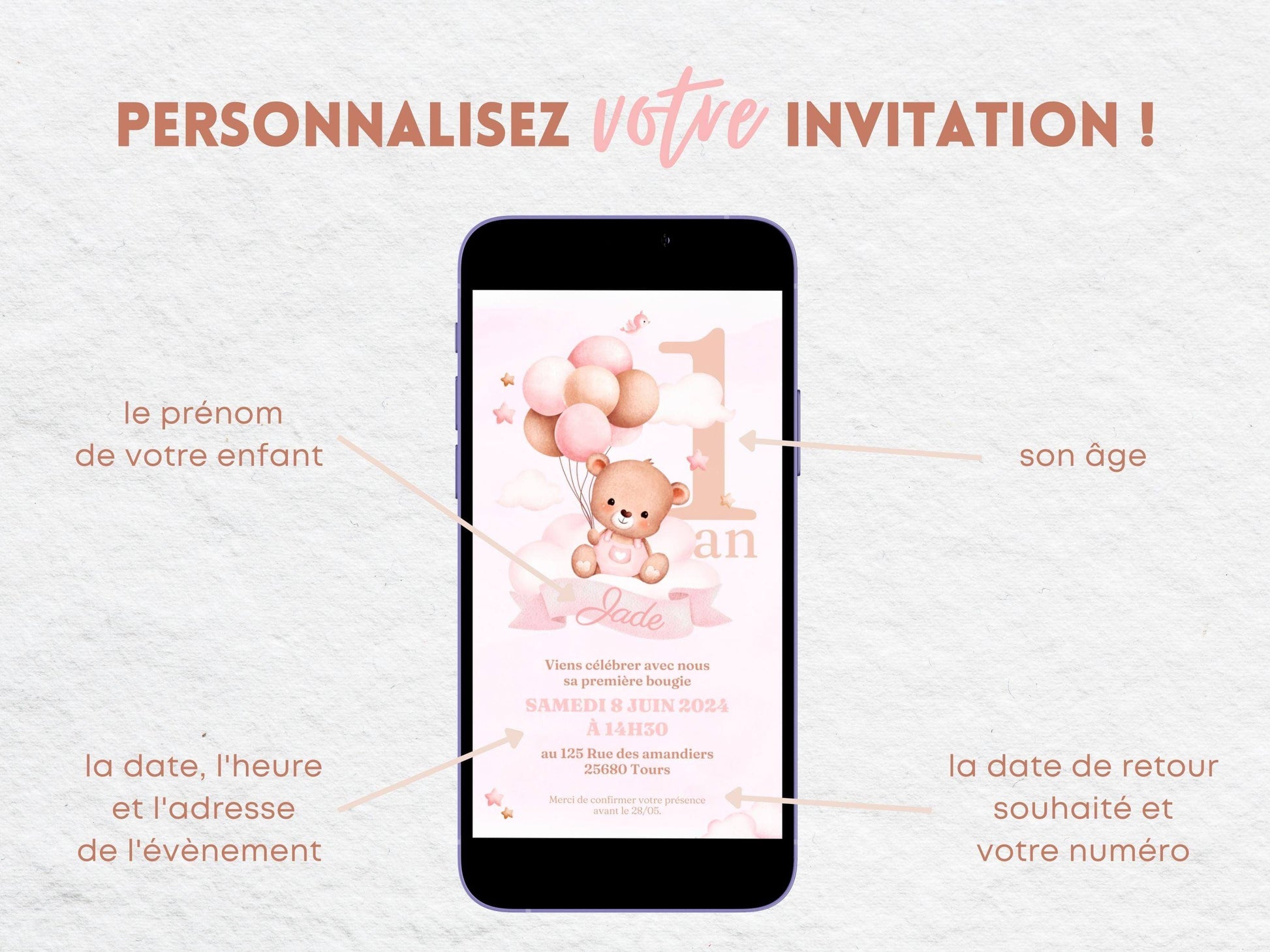 Invitation mobile anniversaire personnalisée OURSON ROSE