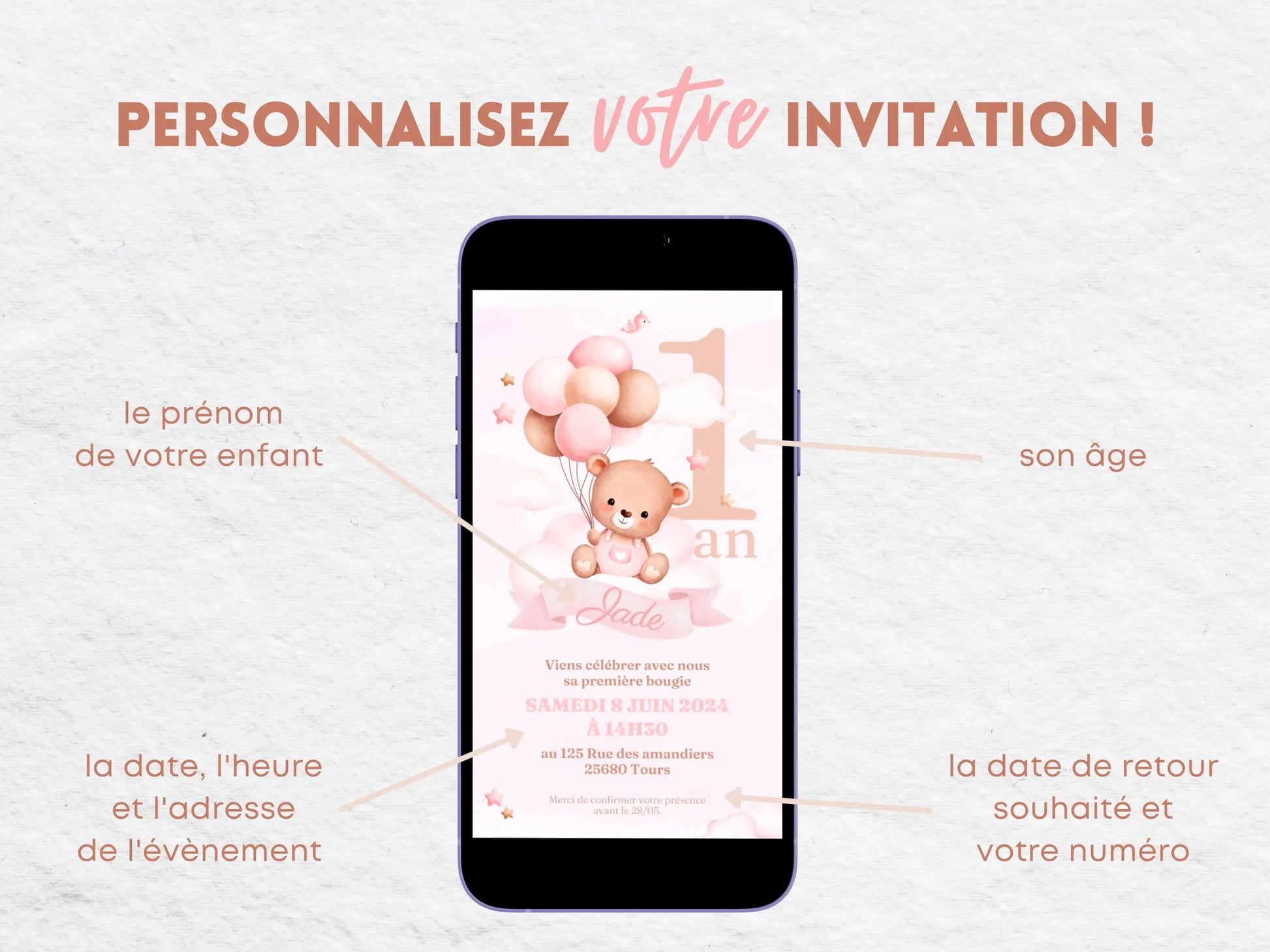 Invitation mobile anniversaire personnalisée OURSON ROSE
