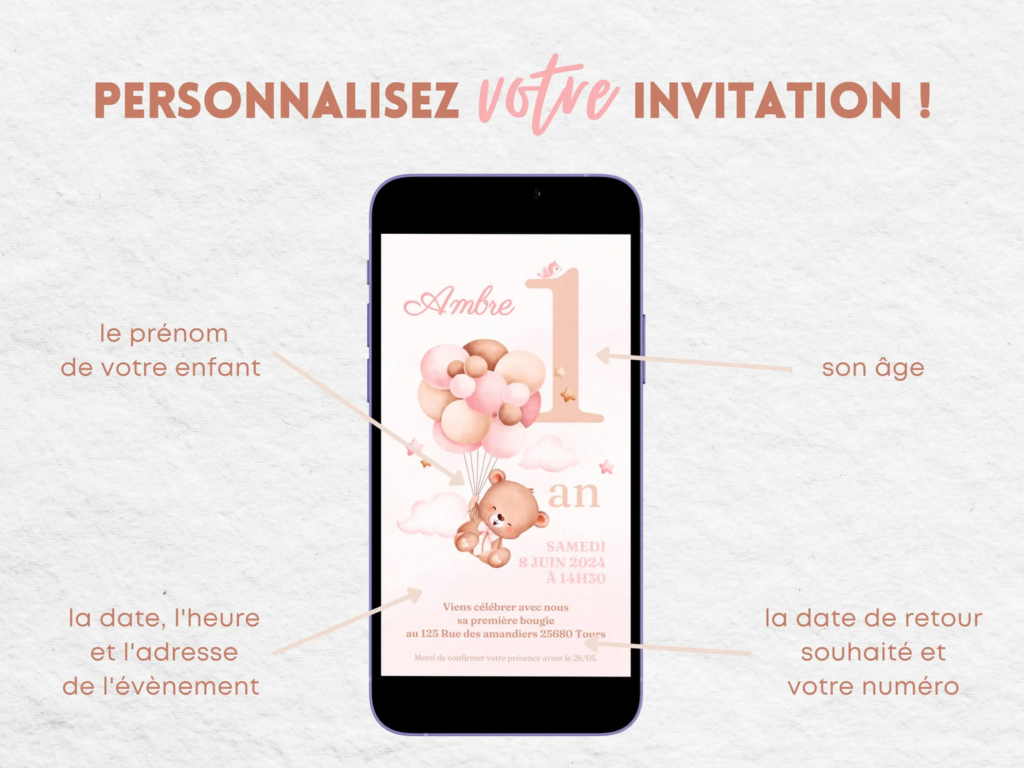 Invitation mobile anniversaire personnalisée OURSON ROSE