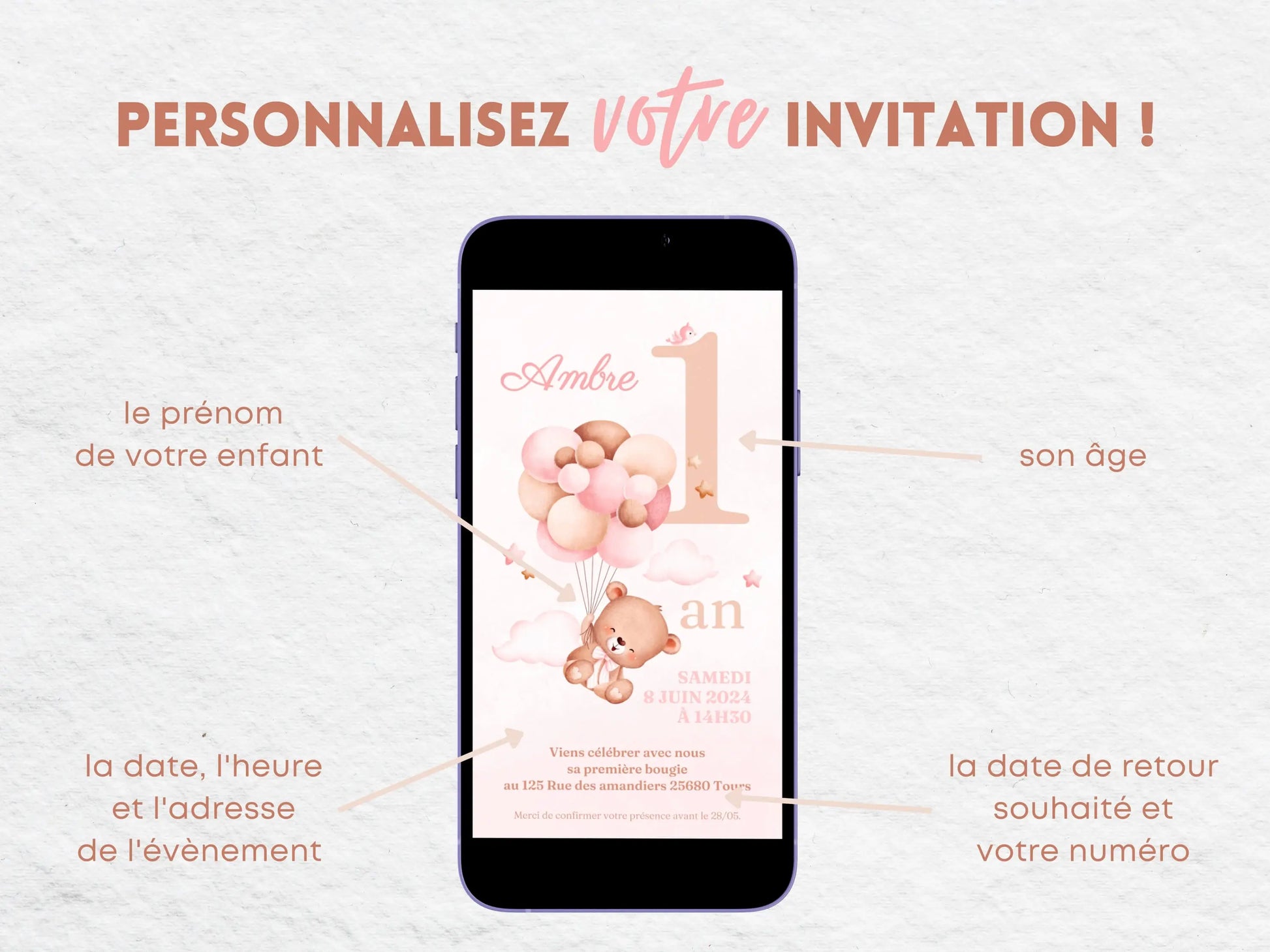Invitation mobile anniversaire personnalisée OURSON ROSE