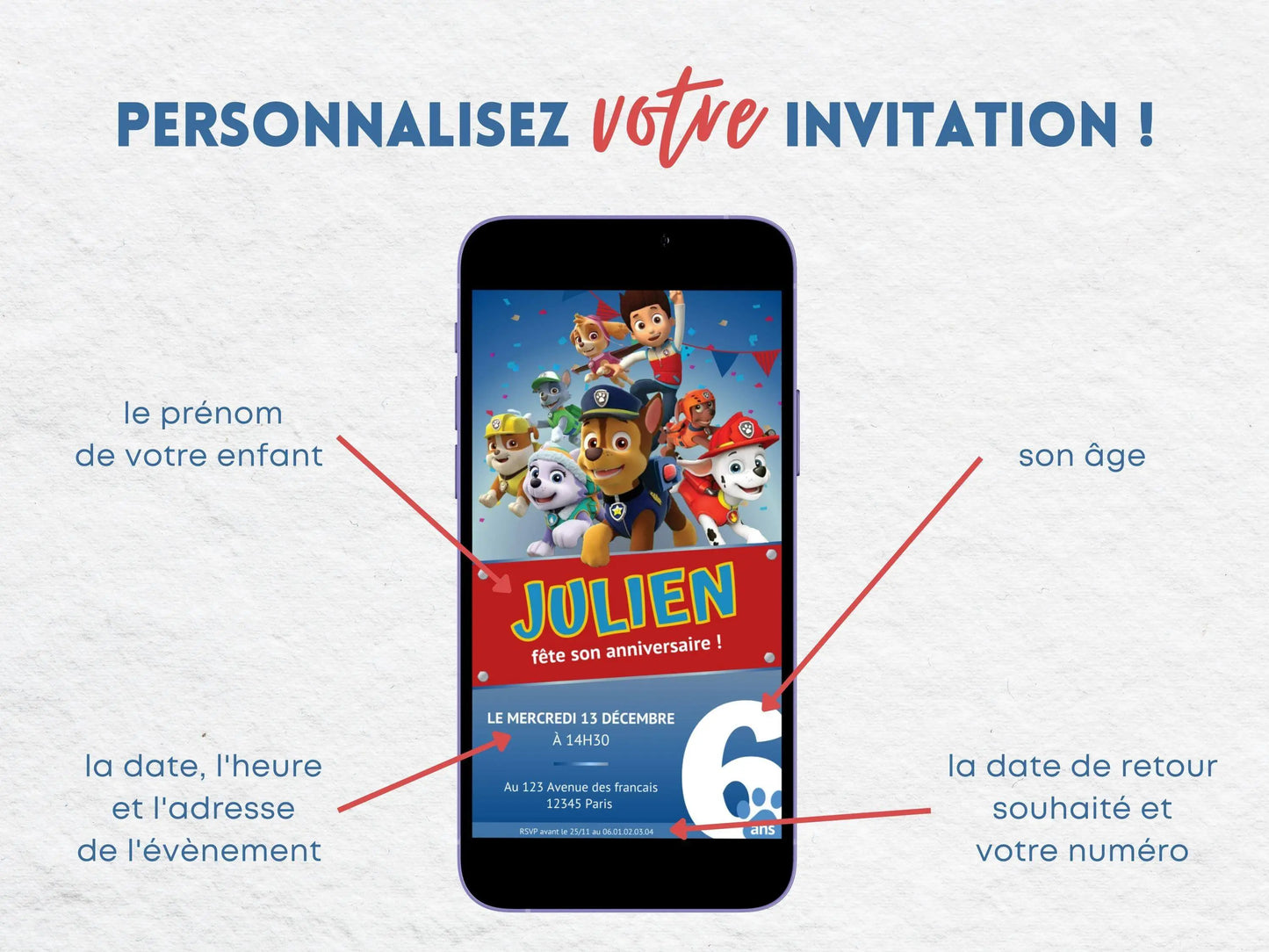Invitation mobile anniversaire personnalisée PAT'PATROUILLE