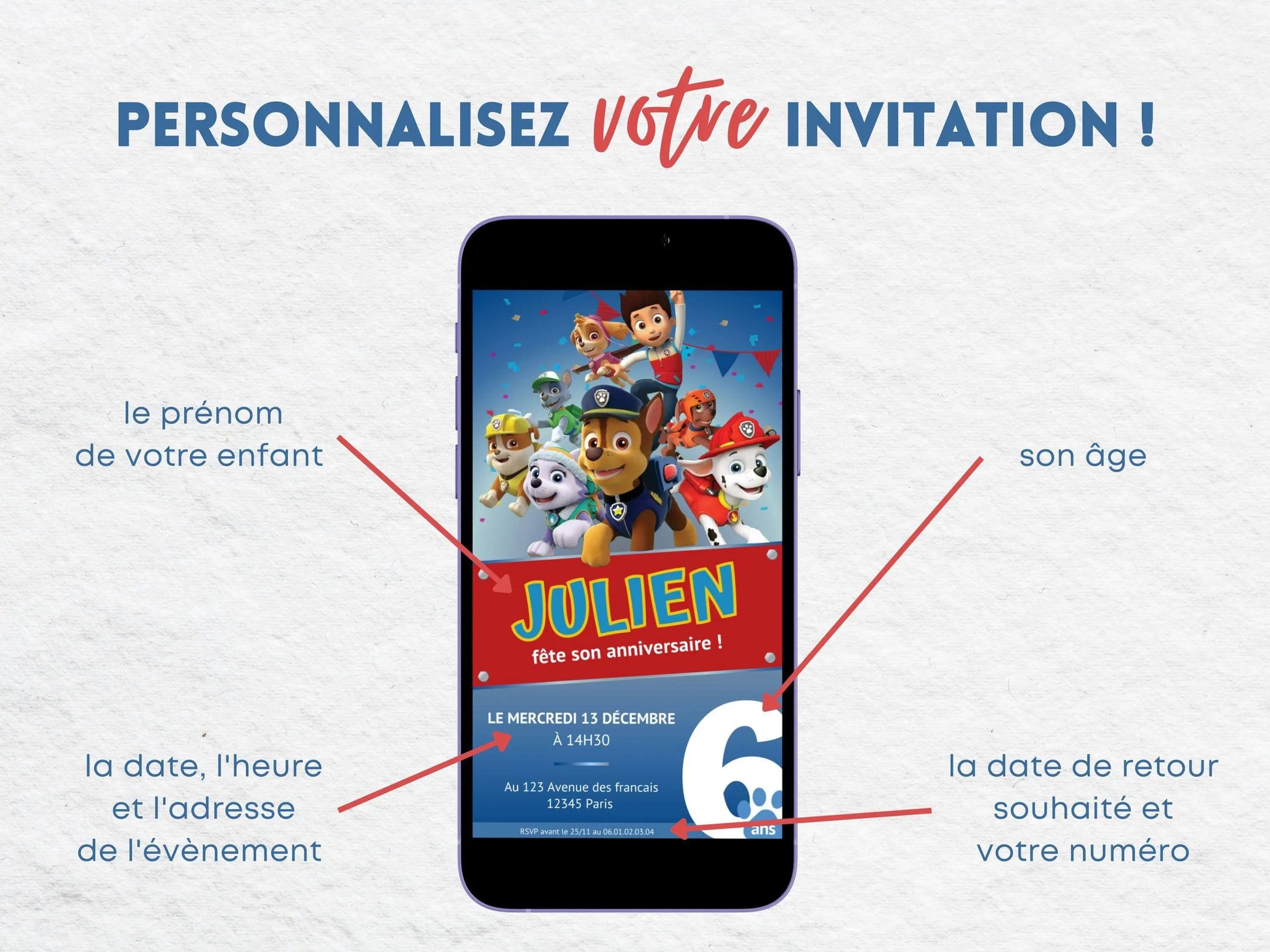 Invitation mobile anniversaire personnalisée PAT'PATROUILLE