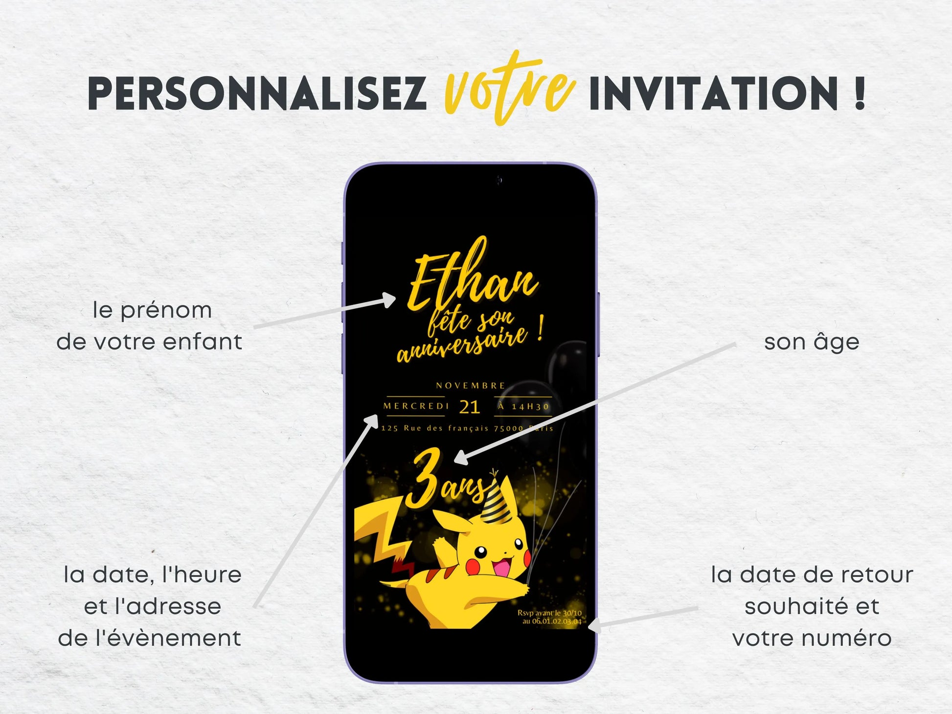 Invitation mobile anniversaire personnalisée POKEMON PIKACHU