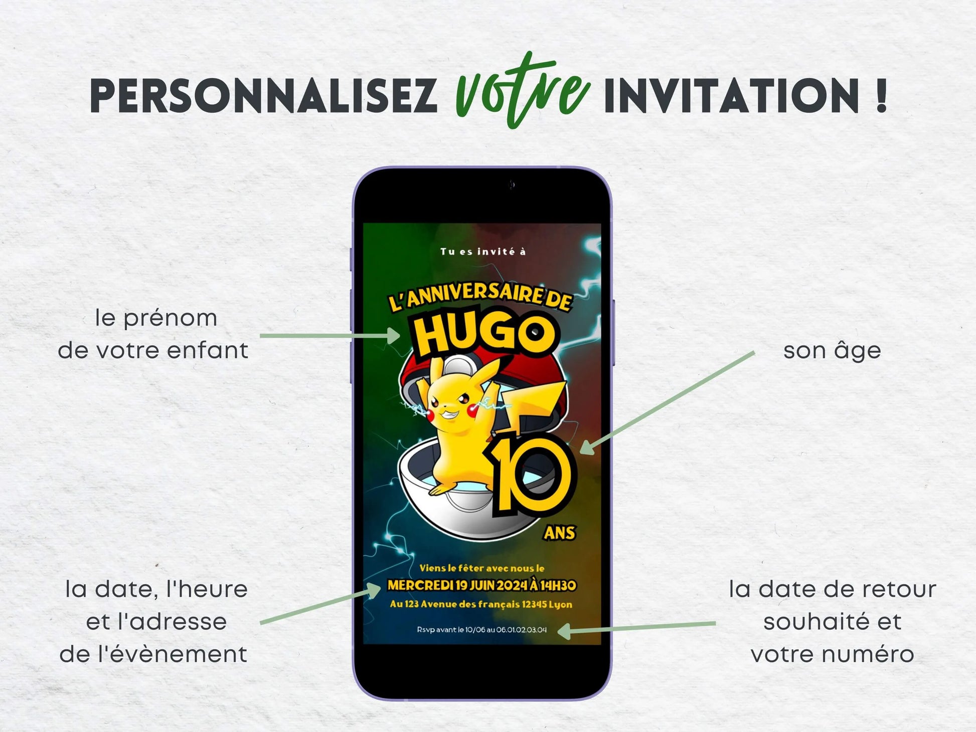Invitation mobile anniversaire personnalisée POKEMON PIKACHU