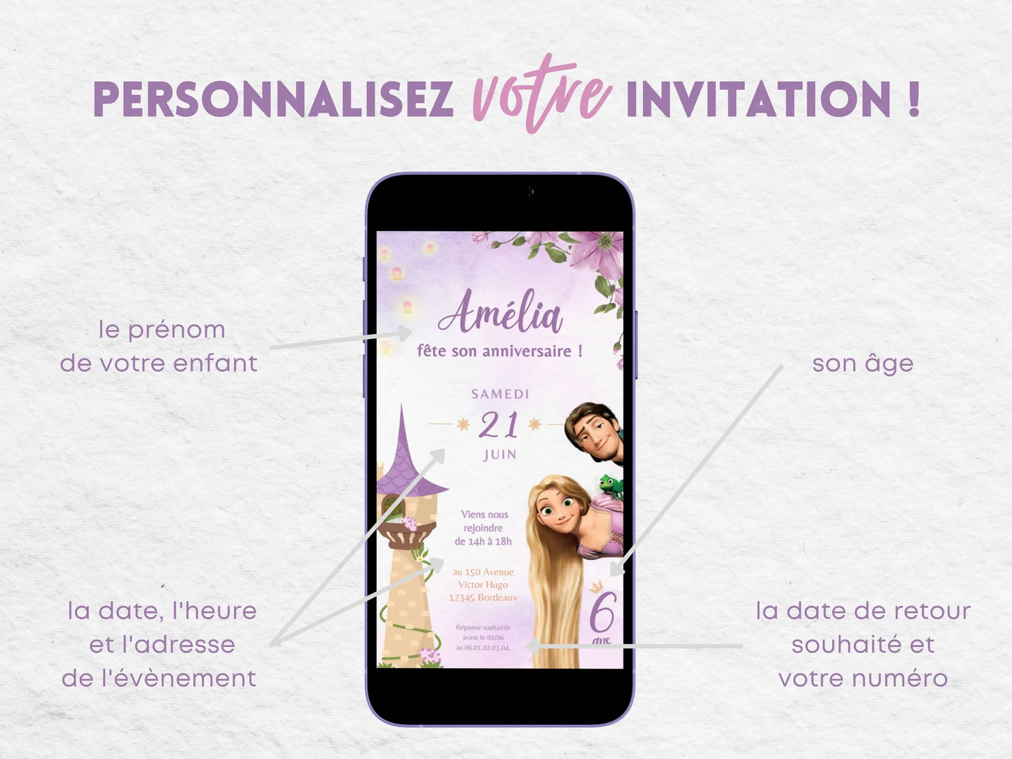 Invitation mobile anniversaire personnalisée PRINCESSE RAIPONCE