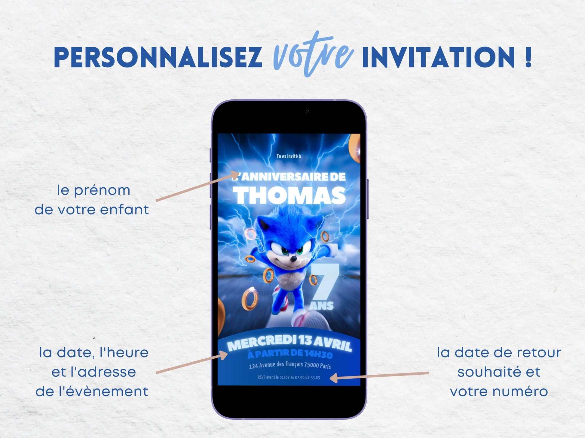 Invitation mobile anniversaire personnalisée SONIC