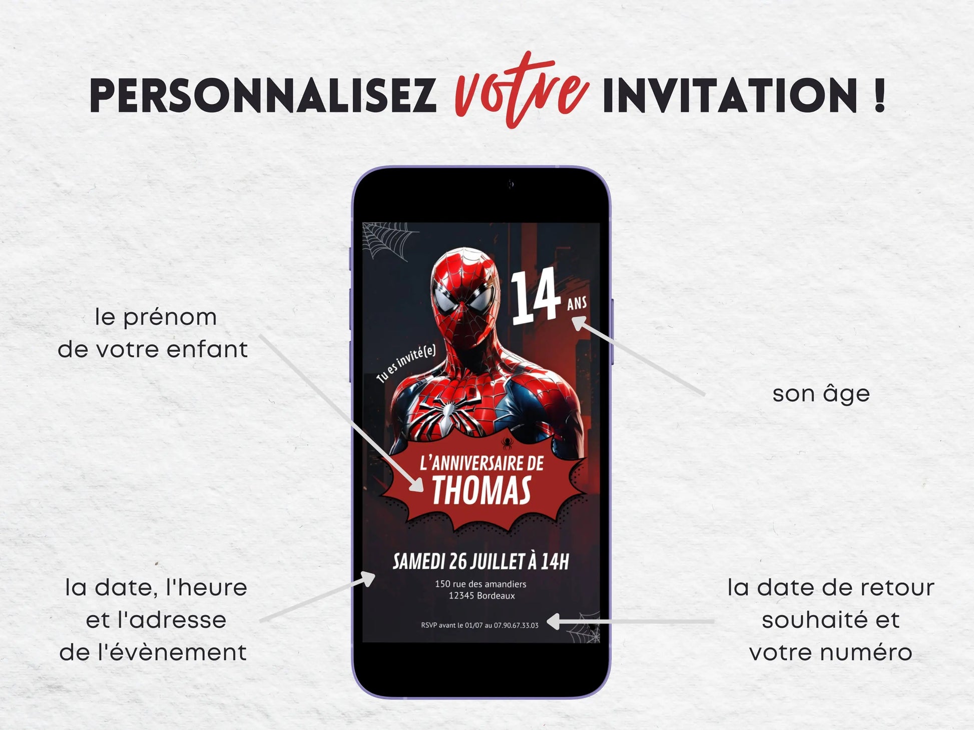 Invitation mobile anniversaire personnalisée SPIDERMAN