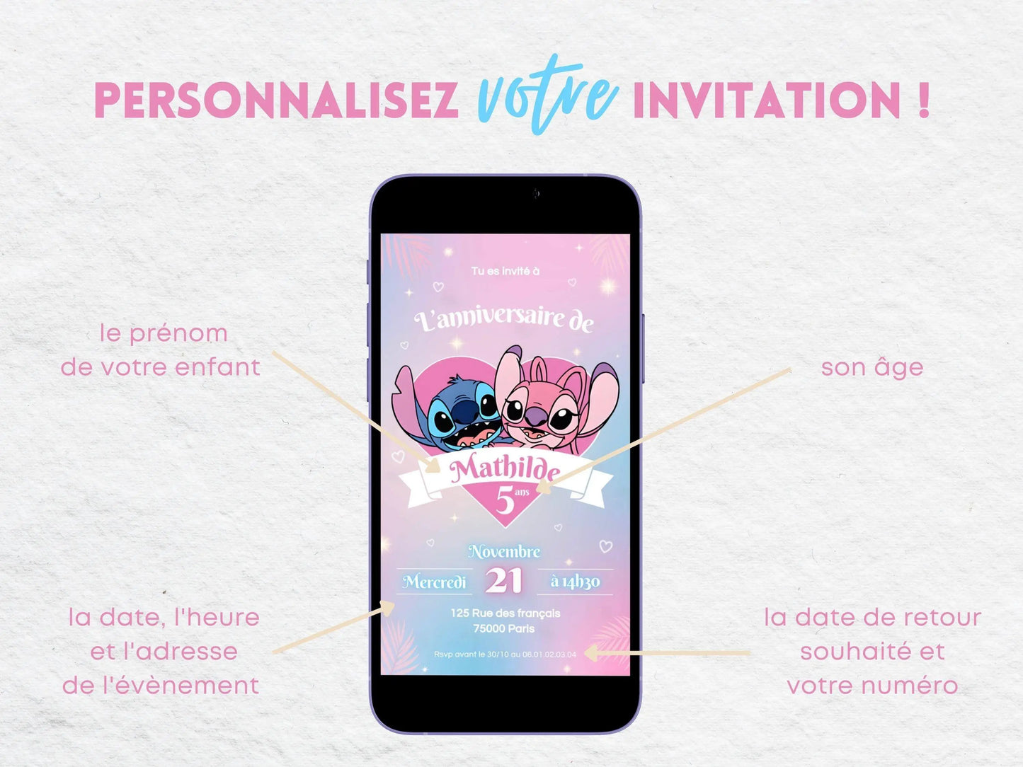 Invitation mobile anniversaire personnalisée STITCH & ANGEL