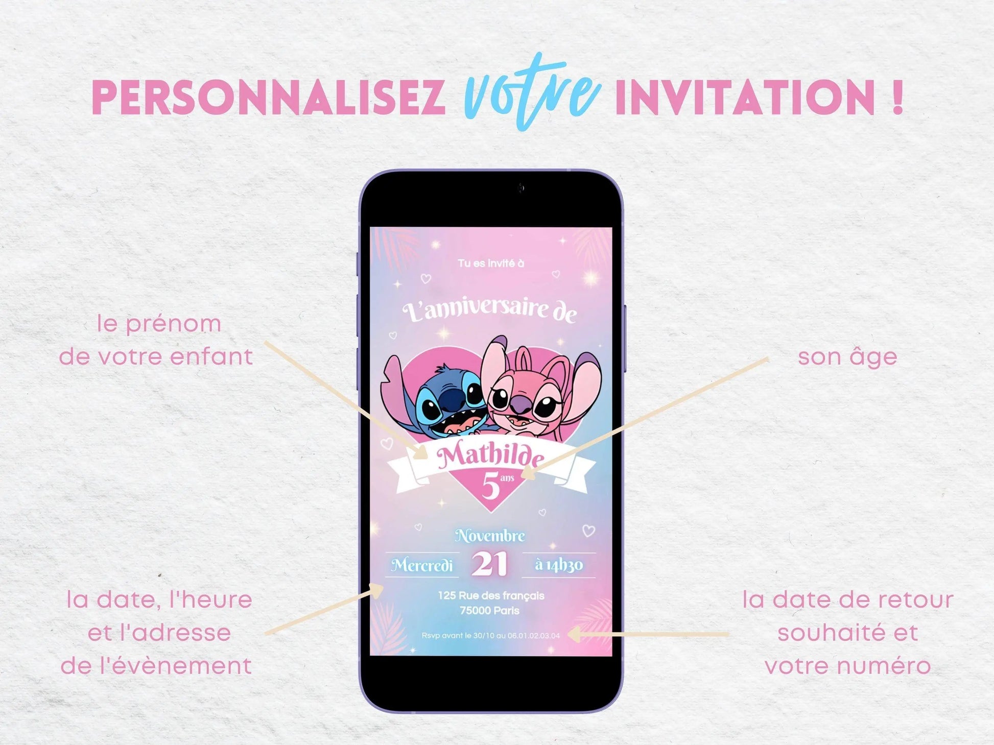 Invitation mobile anniversaire personnalisée STITCH & ANGEL