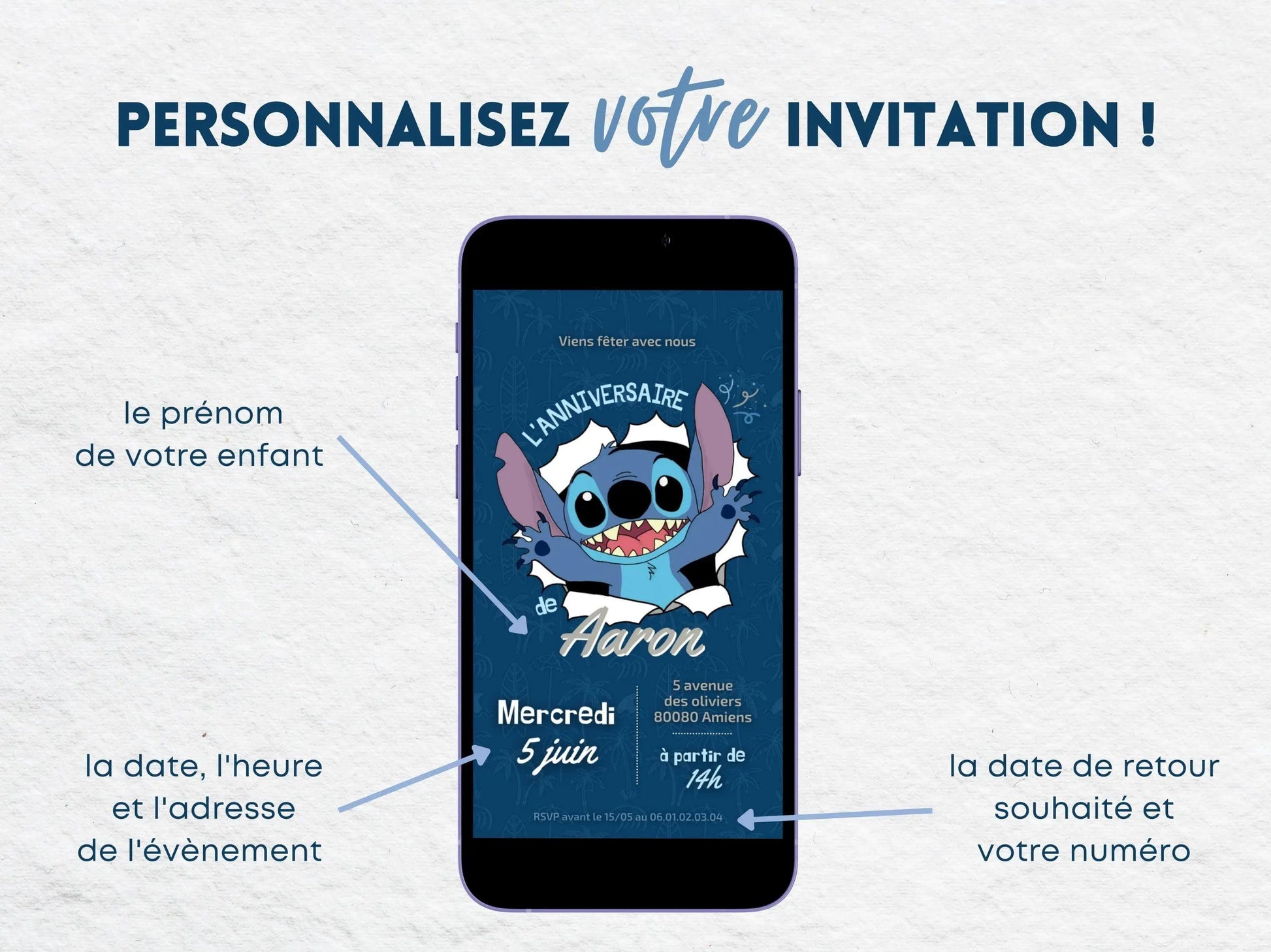 Invitation mobile anniversaire personnalisée STITCH