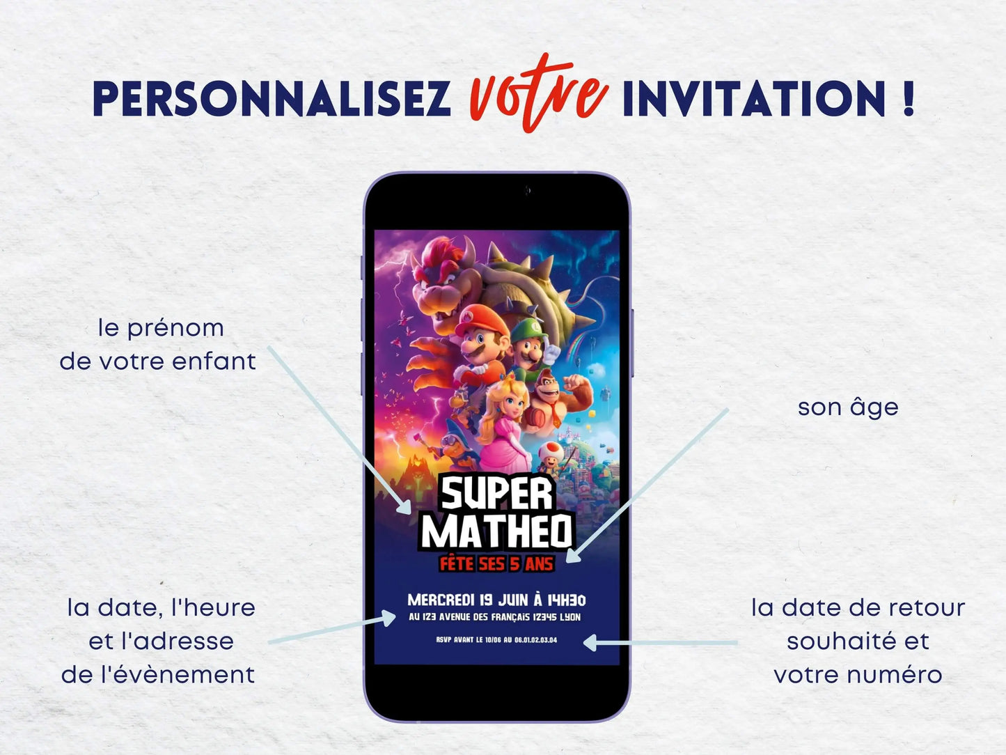 Invitation mobile anniversaire personnalisée SUPER MARIO